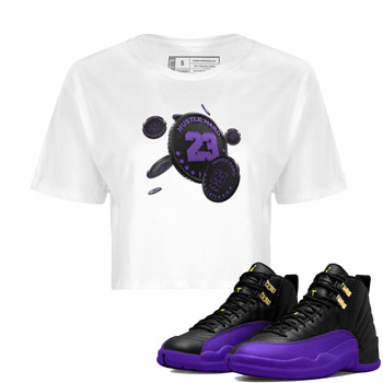 Air Jordan 12 Field Purple Sneaker Match Tees Coin Drop Sneaker Tees AJJordan 12 Lakers Sneaker Release Tees Women's Shirts White 1