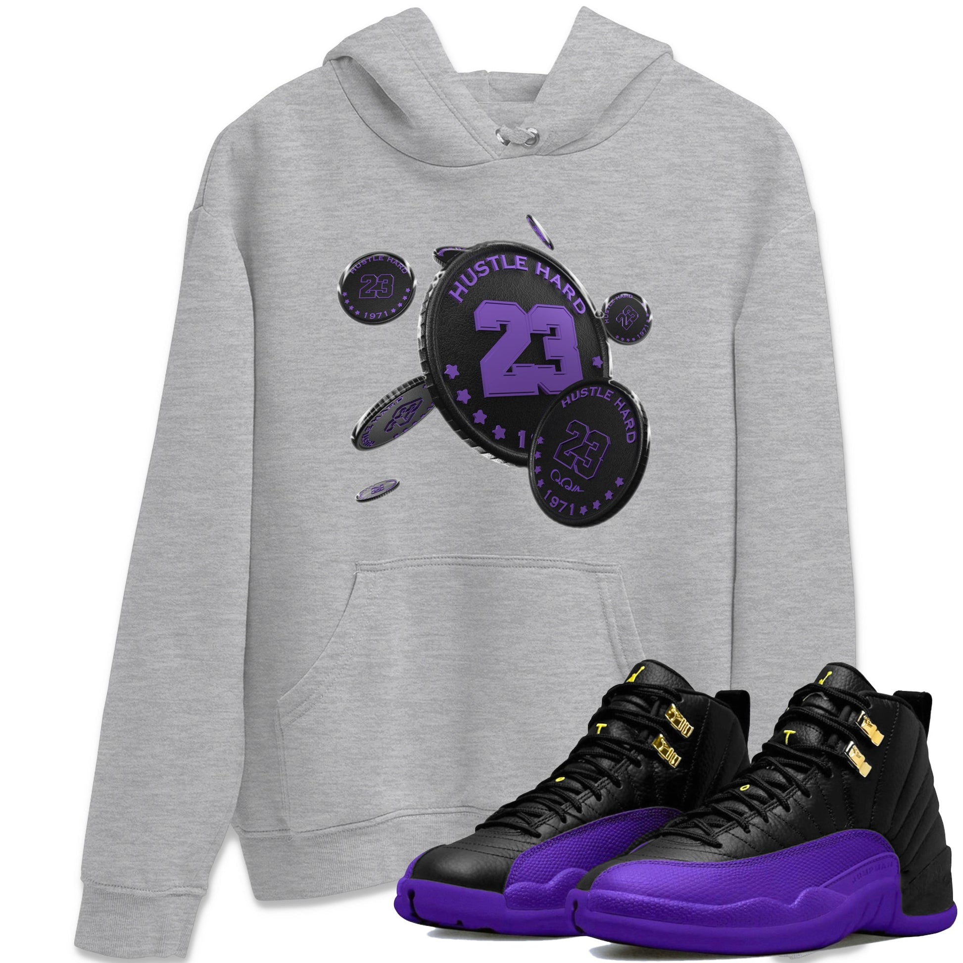 Air Jordan 12 Field Purple Sneaker Match Tees Coin Drop Sneaker Tees AJJordan 12 Lakers Sneaker Release Tees Unisex Shirts Heather Grey 1