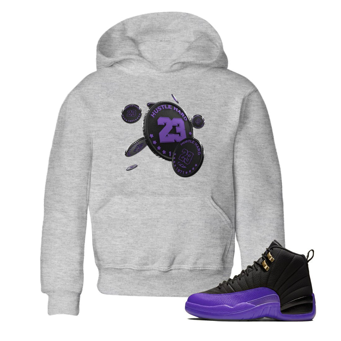 Air Jordan 12 Field Purple Sneaker Match Tees Coin Drop Sneaker Tees AJJordan 12 Lakers Sneaker Release Tees Kids Shirts Heather Grey 1