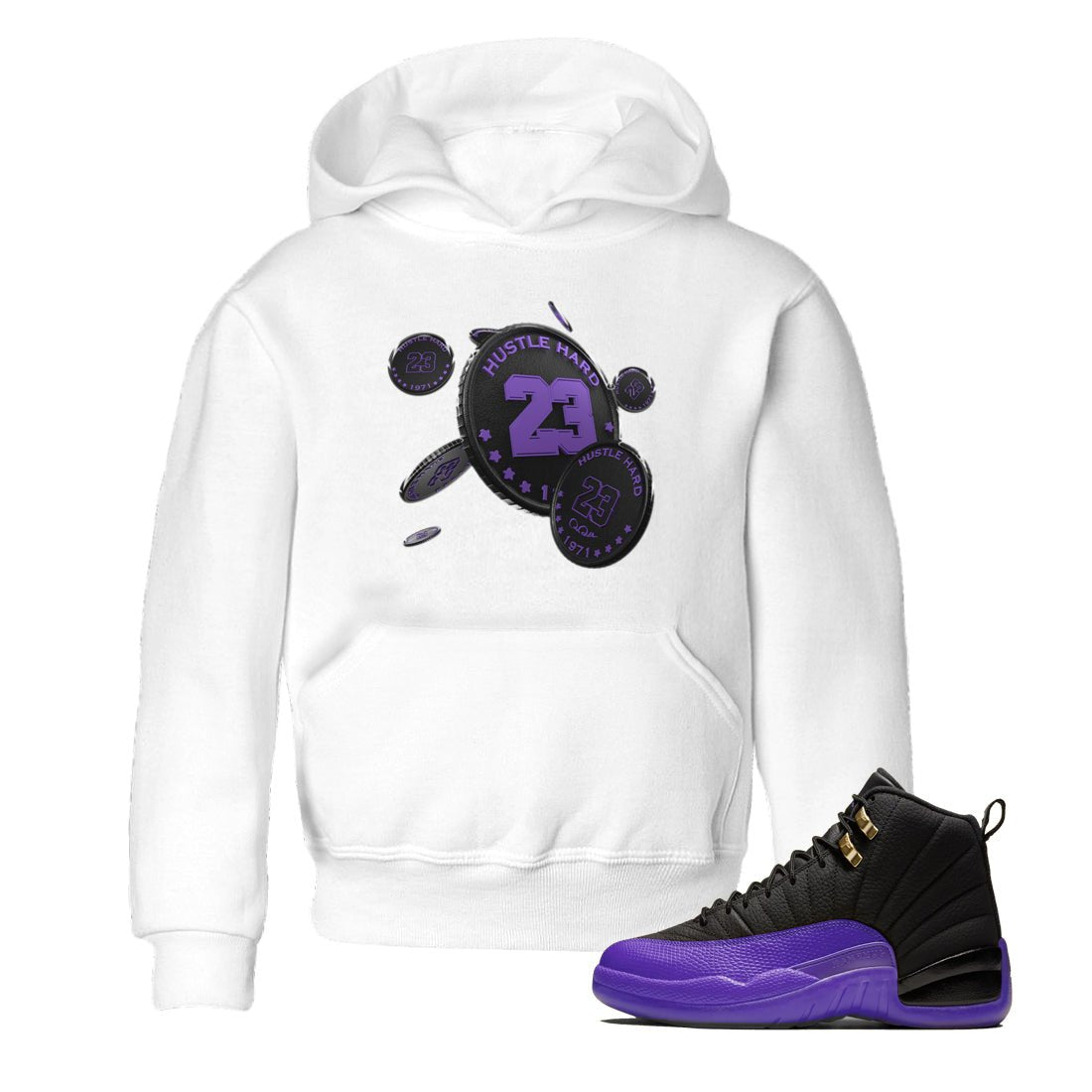 Air Jordan 12 Field Purple Sneaker Match Tees Coin Drop Sneaker Tees AJJordan 12 Lakers Sneaker Release Tees Kids Shirts White 1