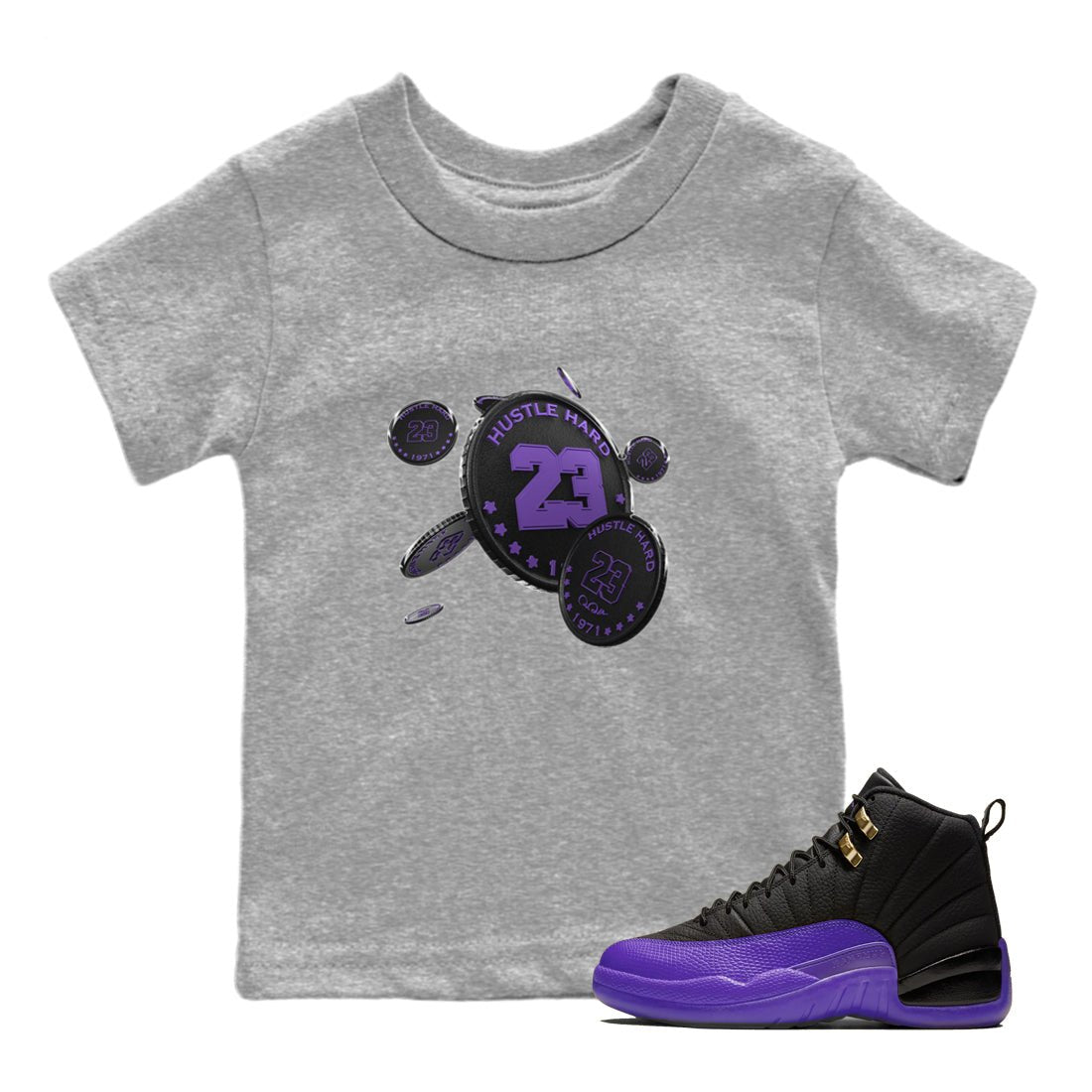 Air Jordan 12 Field Purple Sneaker Match Tees Coin Drop Sneaker Tees AJJordan 12 Lakers Sneaker Release Tees Kids Shirts Heather Grey 1