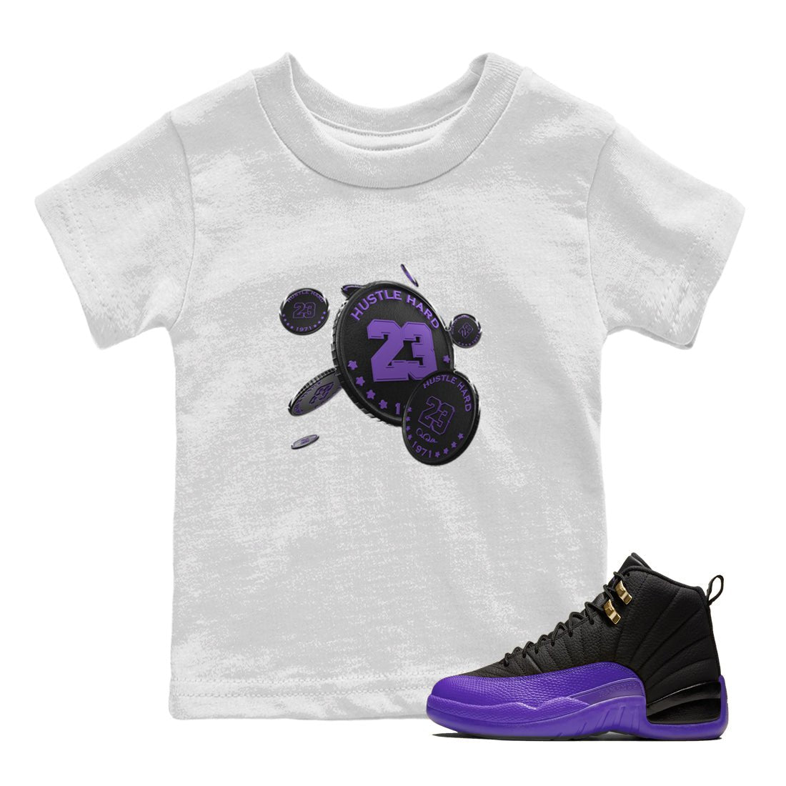 Air Jordan 12 Field Purple Sneaker Match Tees Coin Drop Sneaker Tees AJJordan 12 Lakers Sneaker Release Tees Kids Shirts White 1