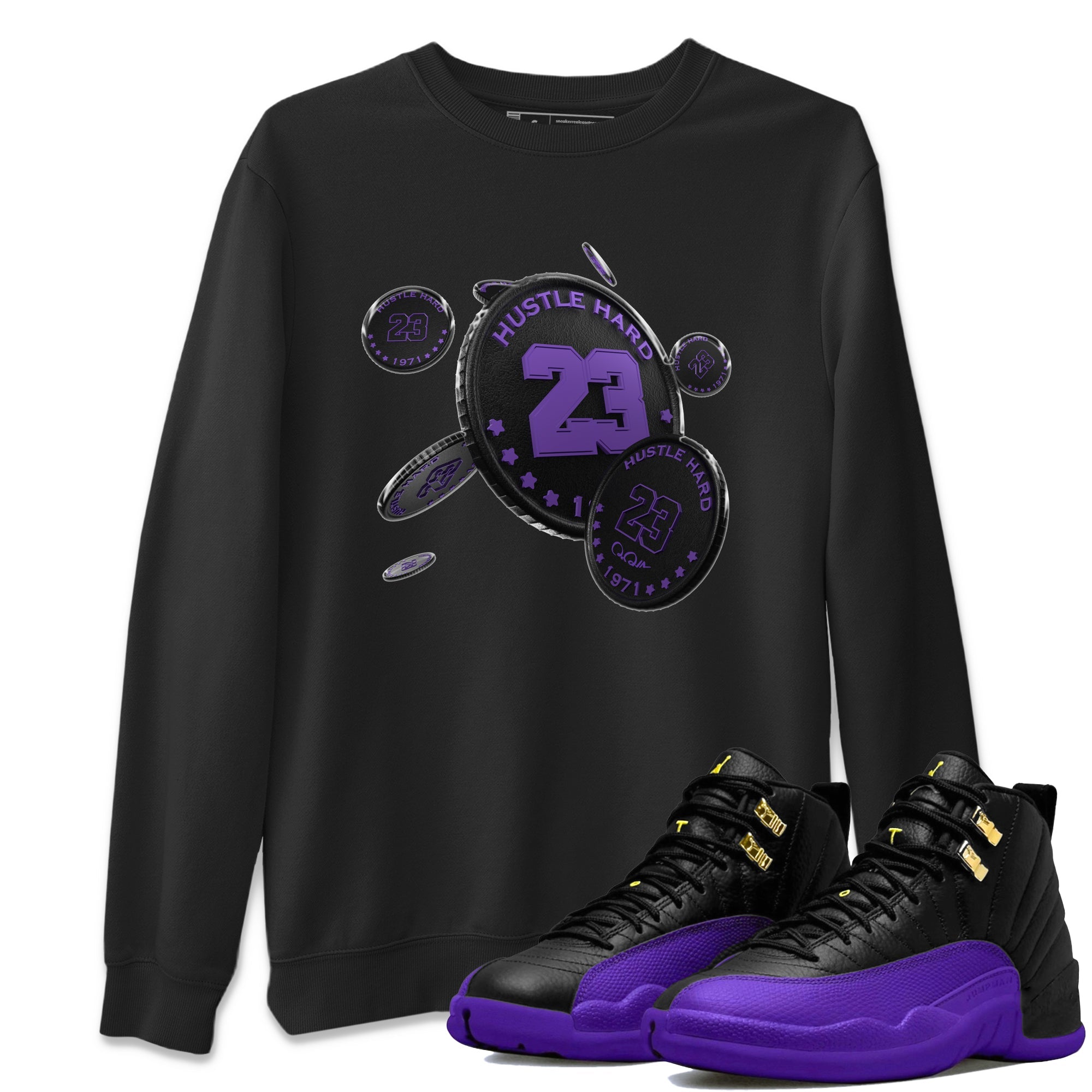 Air Jordan 12 Field Purple Sneaker Match Tees Coin Drop Sneaker Tees AJJordan 12 Lakers Sneaker Release Tees Unisex Shirts Black 1