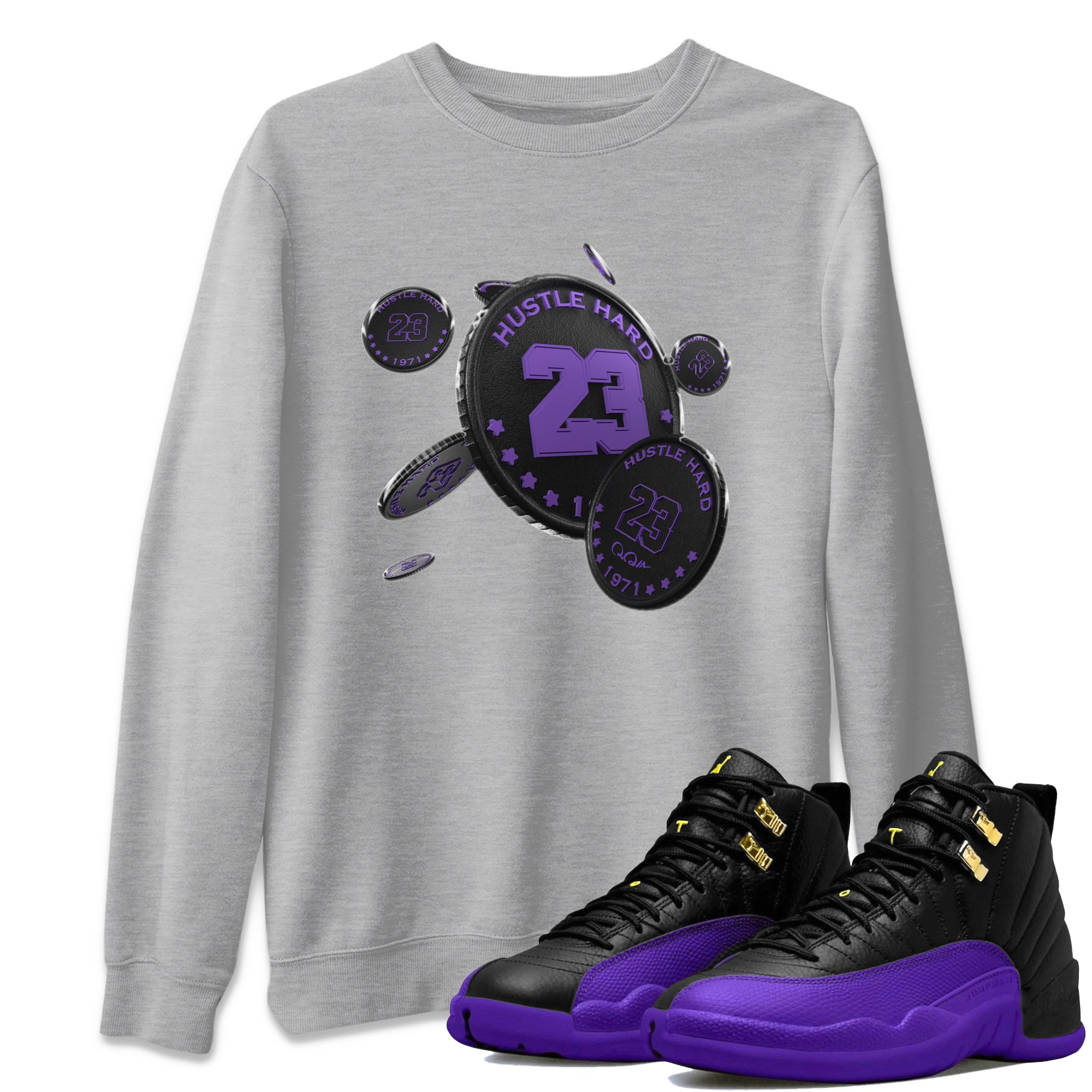 Air Jordan 12 Field Purple Sneaker Match Tees Coin Drop Sneaker Tees AJJordan 12 Lakers Sneaker Release Tees Unisex Shirts Heather Grey 1