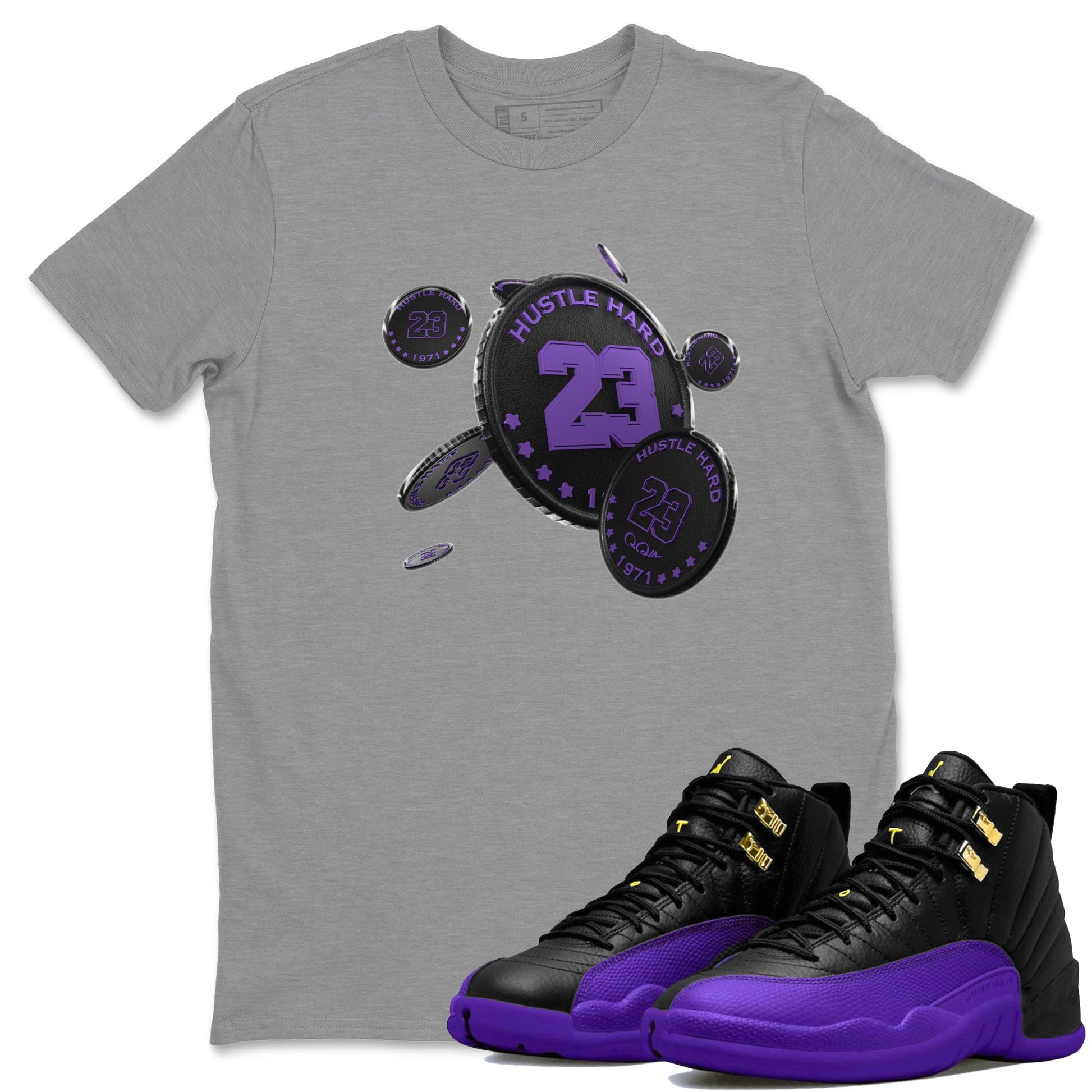Air Jordan 12 Field Purple Sneaker Match Tees Coin Drop Sneaker Tees AJJordan 12 Lakers Sneaker Release Tees Unisex Shirts Heather Grey 1