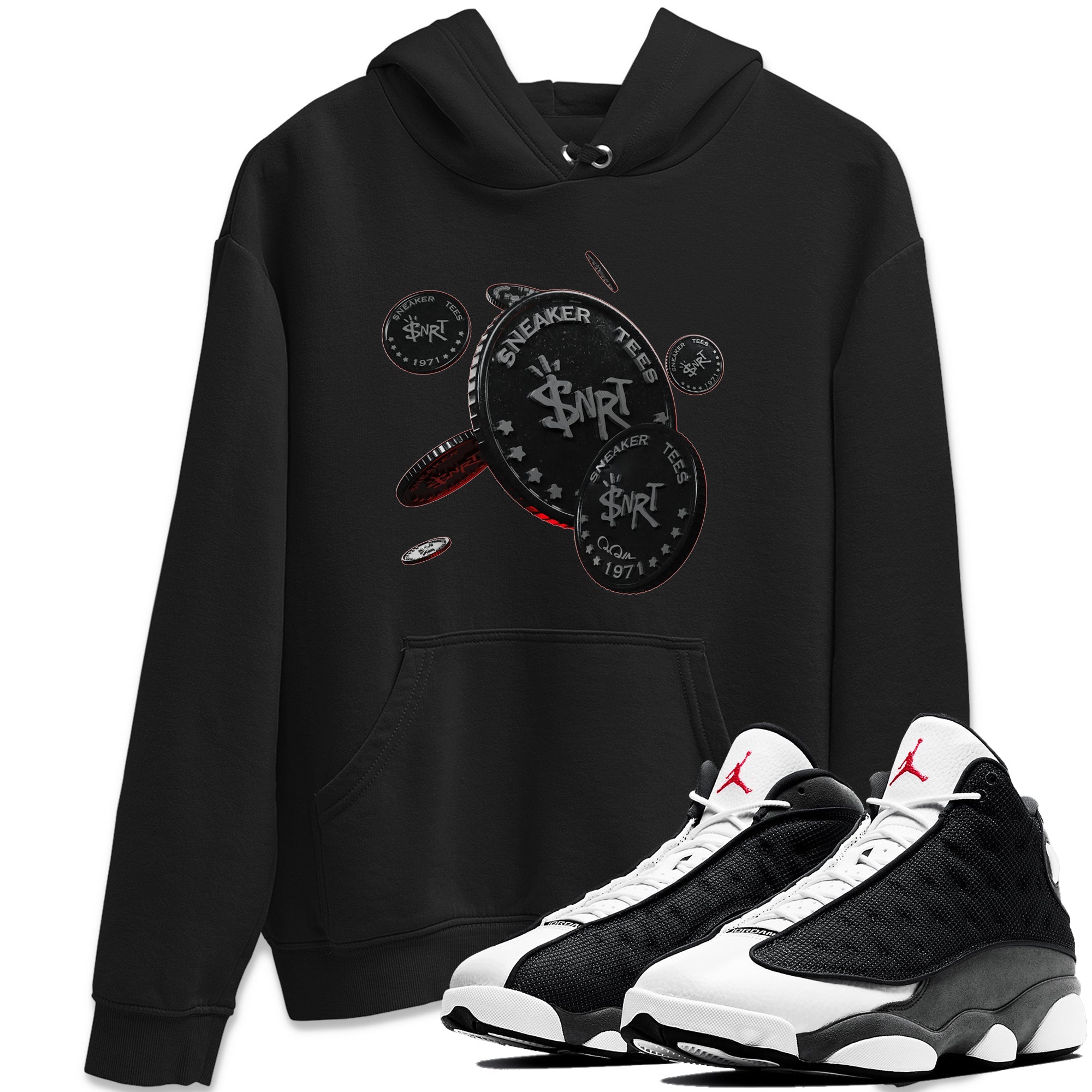 Air Jordan 13 Black Flint Sneaker Match Tees Coin Drop Sneaker Tees AJ13 Retro Black Flint Sneaker Release Tees Unisex Shirts Black 1