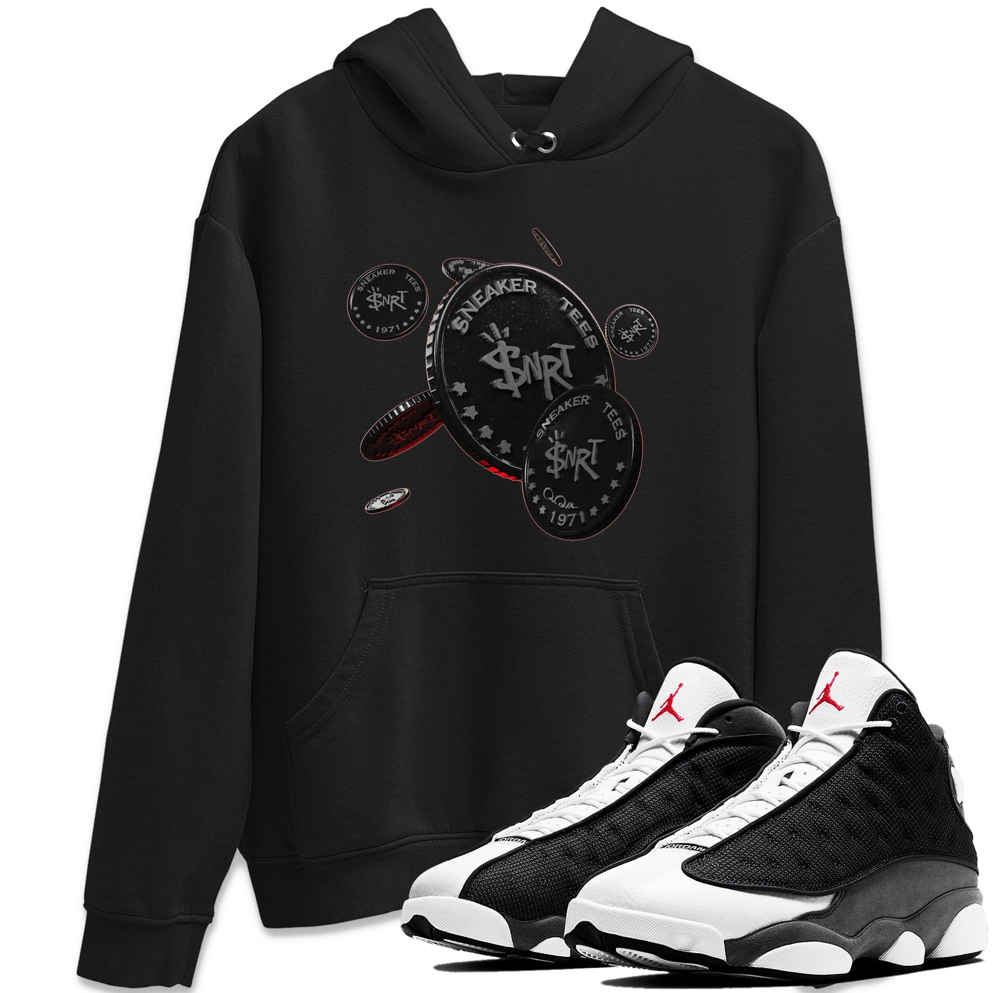 Air Jordan 13 Black Flint Sneaker Match Tees Coin Drop Sneaker Tees AJ13 Retro Black Flint Sneaker Release Tees Unisex Shirts Black 1