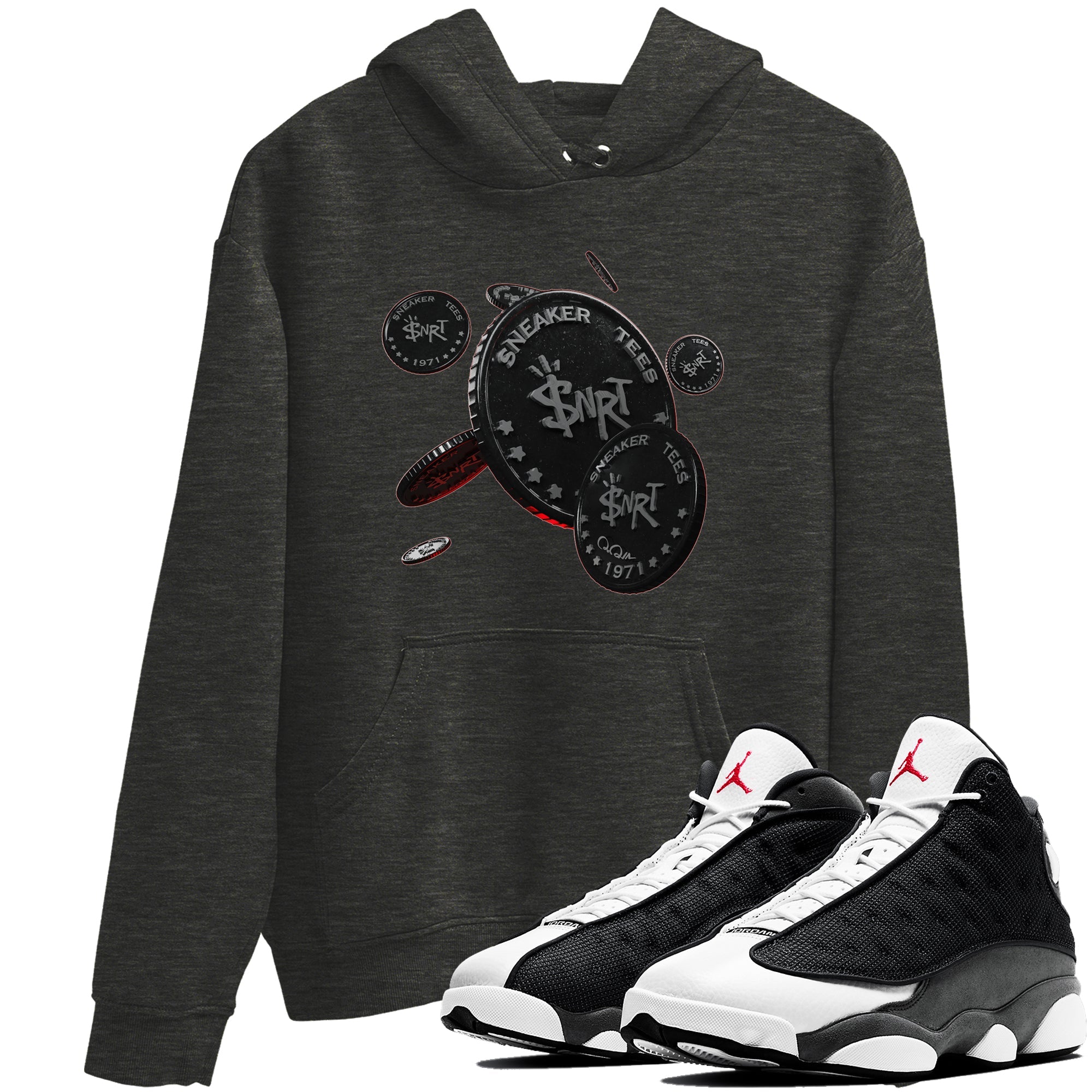 Air Jordan 13 Black Flint Sneaker Match Tees Coin Drop Sneaker Tees AJ13 Retro Black Flint Sneaker Release Tees Unisex Shirts Charcoal Heather 1