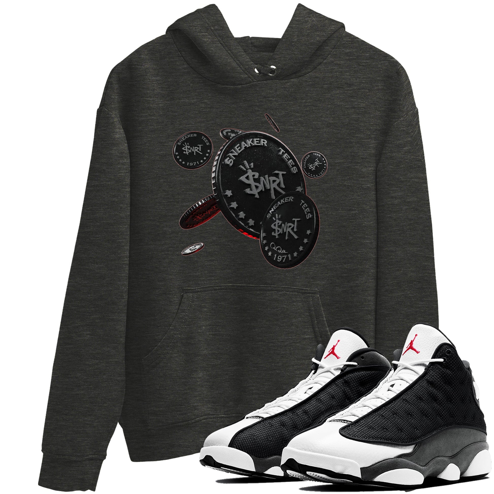 Air Jordan 13 Black Flint Sneaker Match Tees Coin Drop Sneaker Tees AJ13 Retro Black Flint Sneaker Release Tees Unisex Shirts Charcoal Heather 1