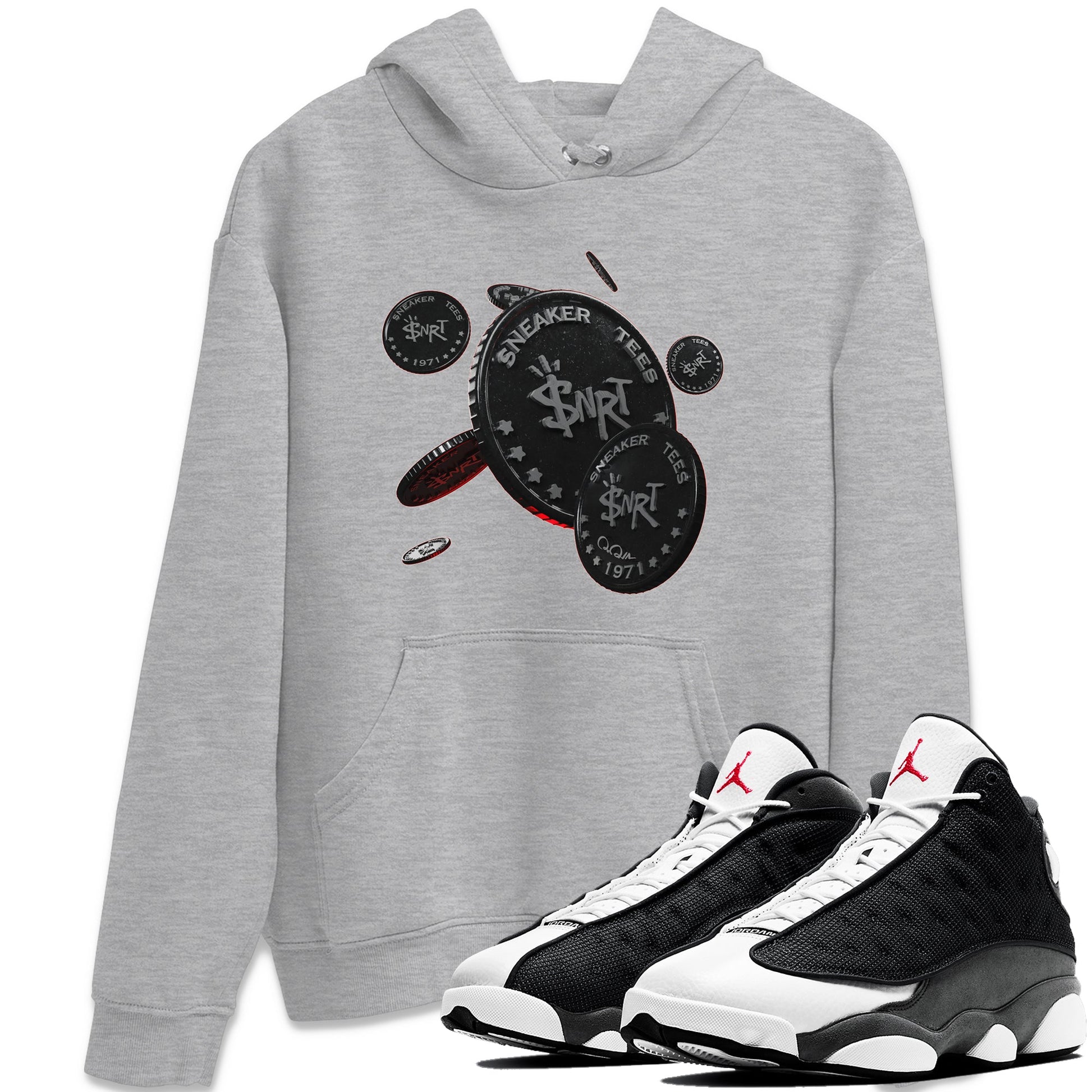 Air Jordan 13 Black Flint Sneaker Match Tees Coin Drop Sneaker Tees AJ13 Retro Black Flint Sneaker Release Tees Unisex Shirts Heather Grey 1