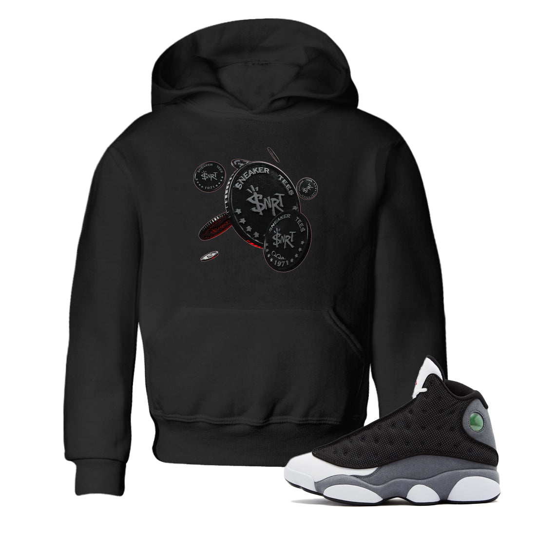 Air Jordan 13 Black Flint Sneaker Match Tees Coin Drop Sneaker Tees AJ13 Retro Black Flint Sneaker Release Tees Kids Shirts Black 1