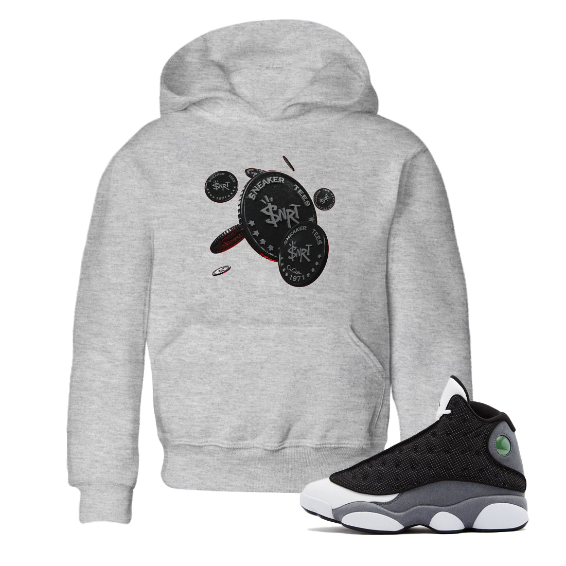 Air Jordan 13 Black Flint Sneaker Match Tees Coin Drop Sneaker Tees AJ13 Retro Black Flint Sneaker Release Tees Kids Shirts Heather Grey 1