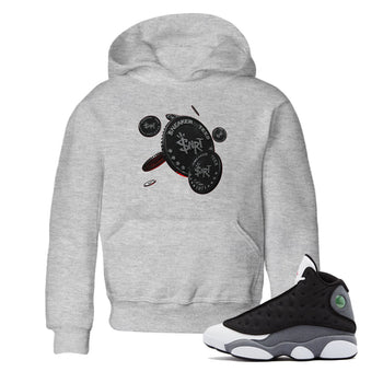 Air Jordan 13 Black Flint Sneaker Match Tees Coin Drop Sneaker Tees AJ13 Retro Black Flint Sneaker Release Tees Kids Shirts Heather Grey 1