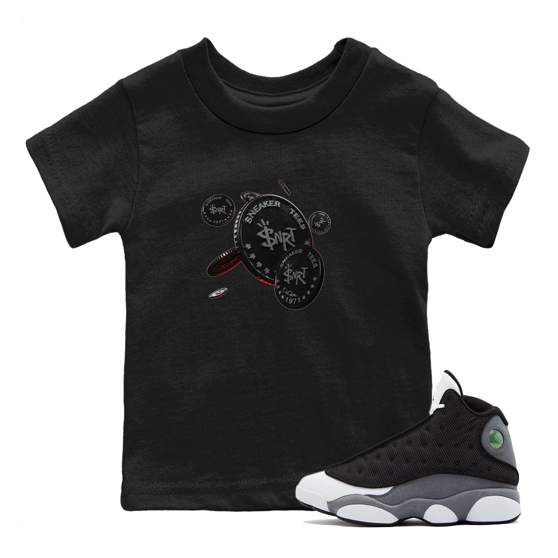 Air Jordan 13 Black Flint Sneaker Match Tees Coin Drop Sneaker Tees AJ13 Retro Black Flint Sneaker Release Tees Kids Shirts Black 1