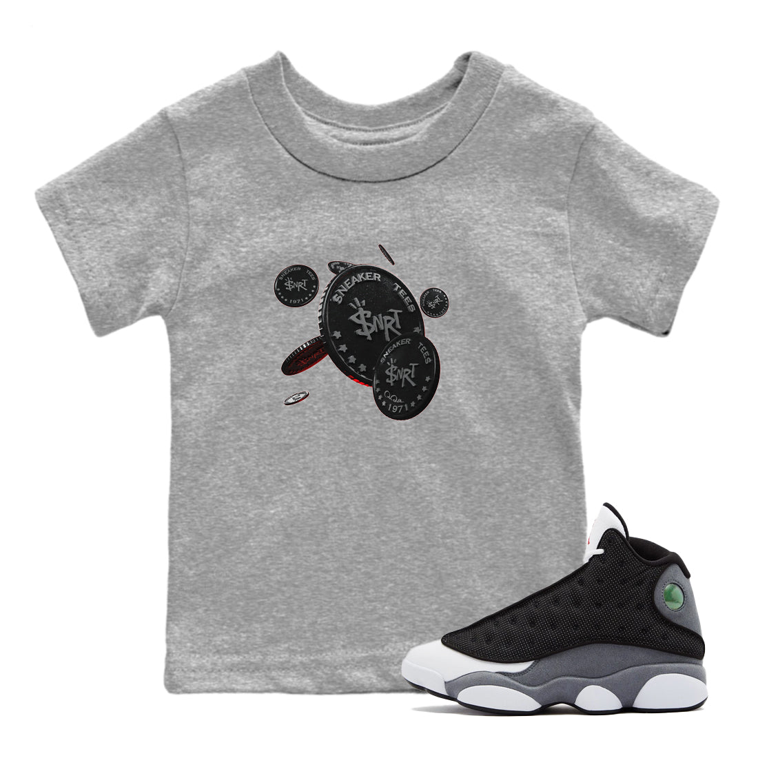 Air Jordan 13 Black Flint Sneaker Match Tees Coin Drop Sneaker Tees AJ13 Retro Black Flint Sneaker Release Tees Kids Shirts Heather Grey 1