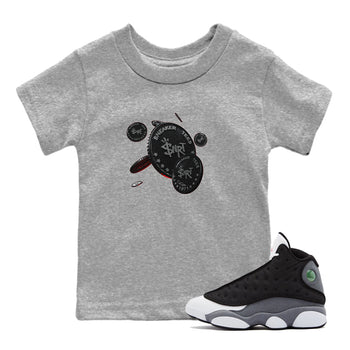 Air Jordan 13 Black Flint Sneaker Match Tees Coin Drop Sneaker Tees AJ13 Retro Black Flint Sneaker Release Tees Kids Shirts Heather Grey 1