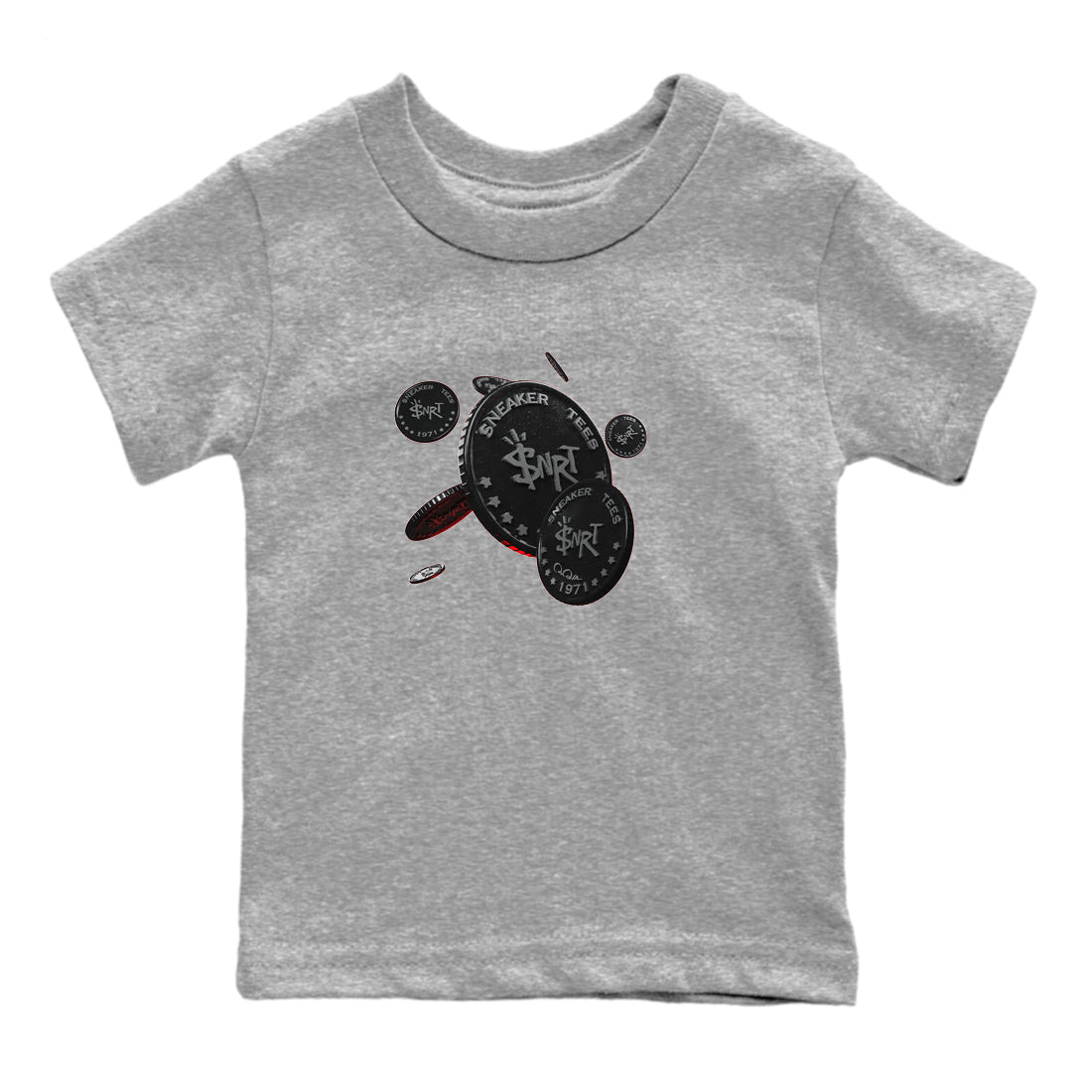 Air Jordan 13 Black Flint Sneaker Match Tees Coin Drop Sneaker Tees AJ13 Retro Black Flint Sneaker Release Tees Kids Shirts Heather Grey 2
