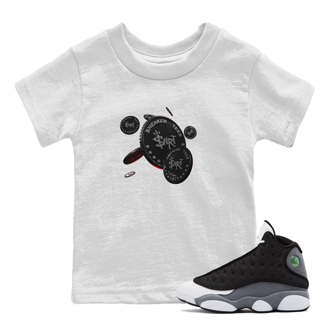 Air Jordan 13 Black Flint Sneaker Match Tees Coin Drop Sneaker Tees AJ13 Retro Black Flint Sneaker Release Tees Kids Shirts White 1