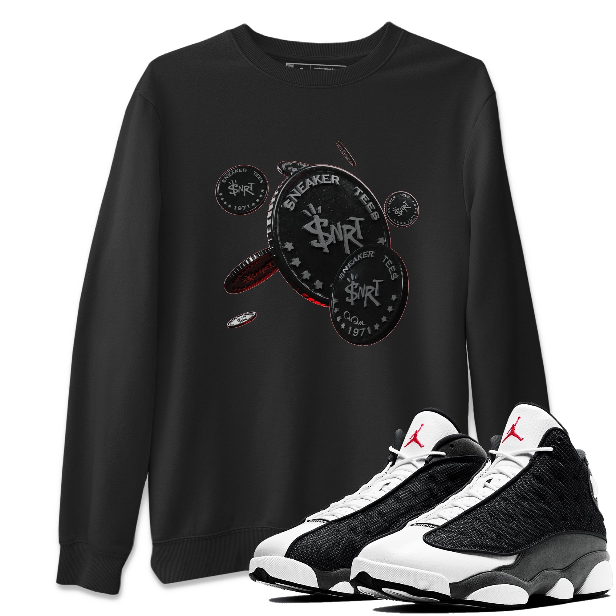 Air Jordan 13 Black Flint Sneaker Match Tees Coin Drop Sneaker Tees AJ13 Retro Black Flint Sneaker Release Tees Unisex Shirts Black 1