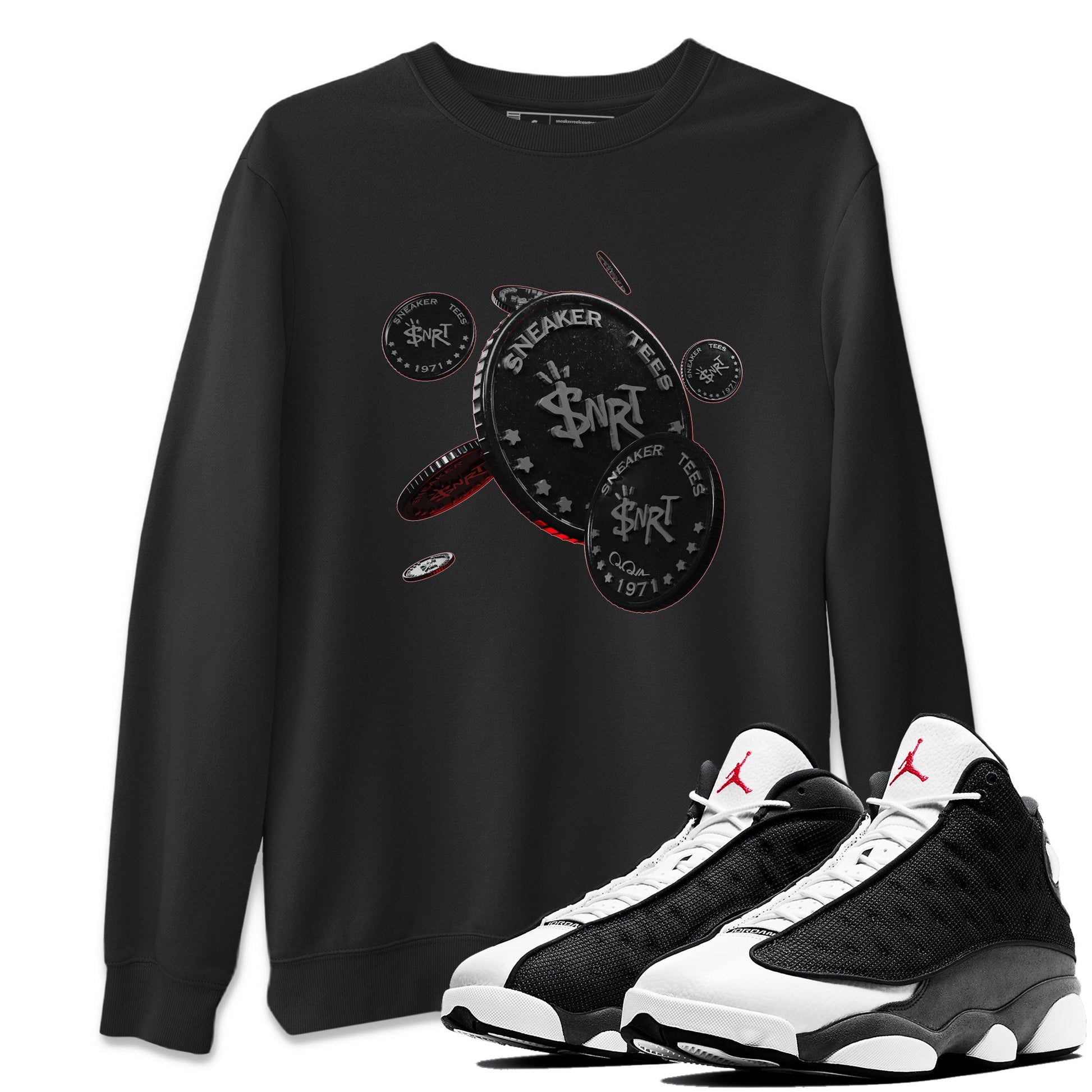 Air Jordan 13 Black Flint Sneaker Match Tees Coin Drop Sneaker Tees AJ13 Retro Black Flint Sneaker Release Tees Unisex Shirts Black 1