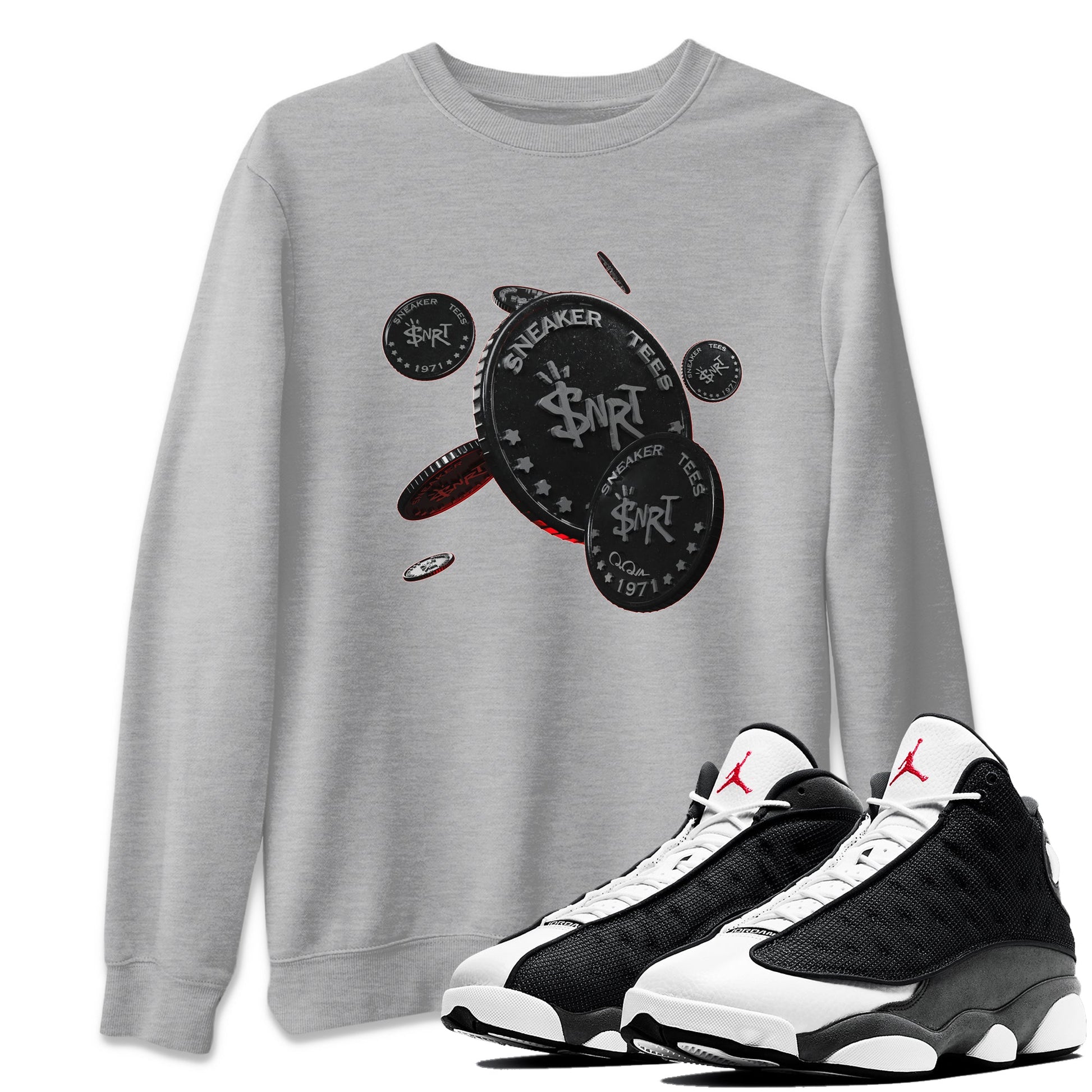 Air Jordan 13 Black Flint Sneaker Match Tees Coin Drop Sneaker Tees AJ13 Retro Black Flint Sneaker Release Tees Unisex Shirts Heather Grey 1