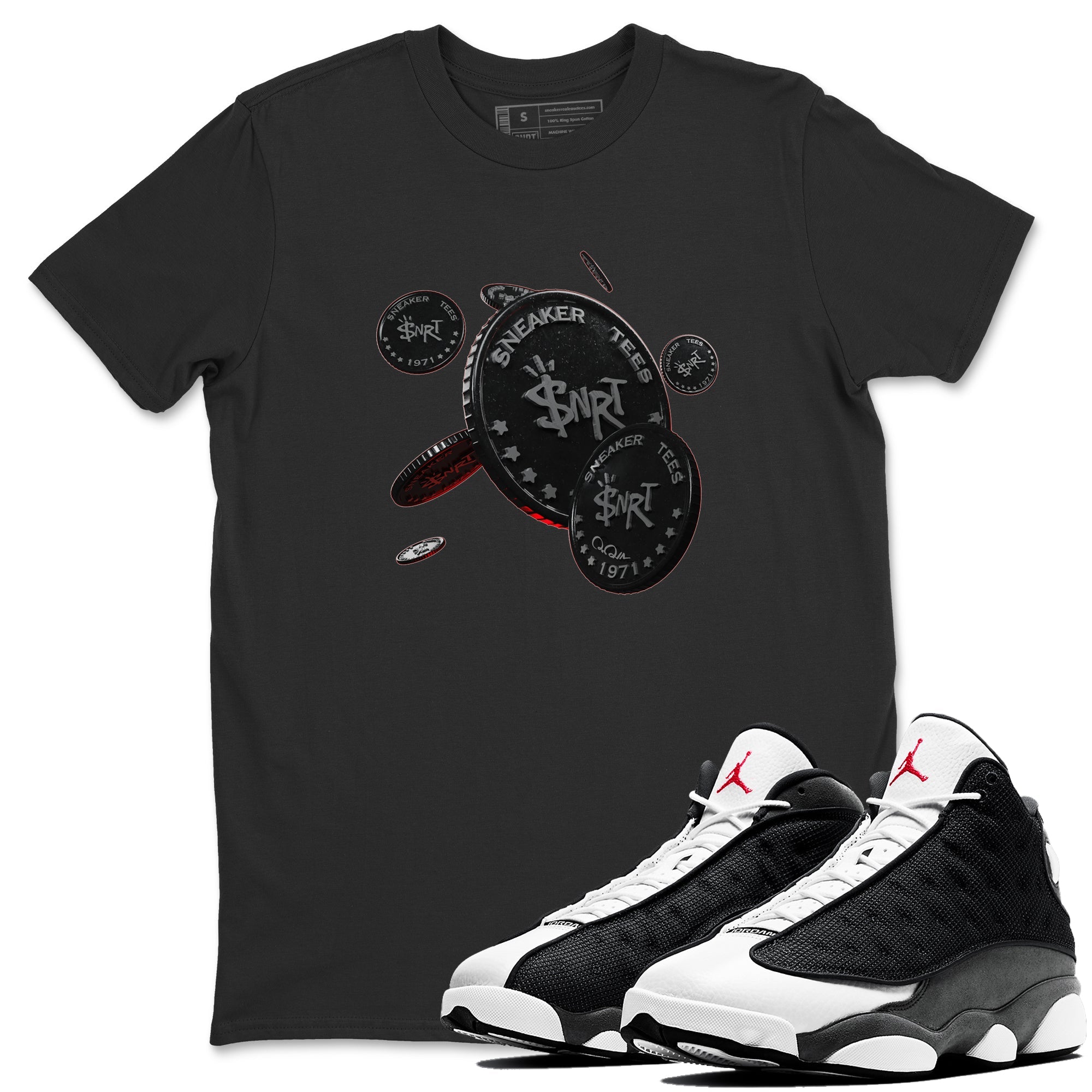 Air Jordan 13 Black Flint Sneaker Match Tees Coin Drop Sneaker Tees AJ13 Retro Black Flint Sneaker Release Tees Unisex Shirts Black 1