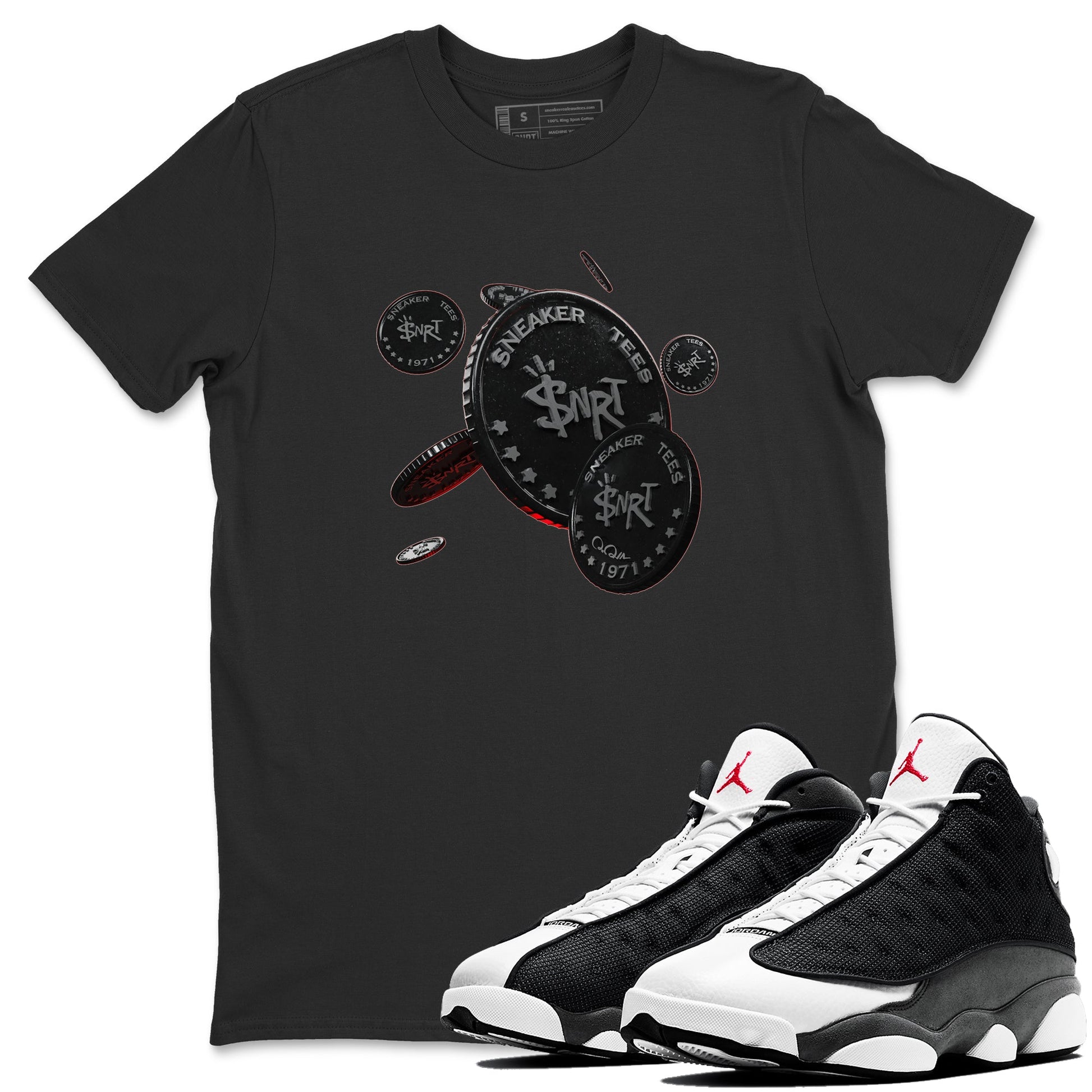 Air Jordan 13 Black Flint Sneaker Match Tees Coin Drop Sneaker Tees AJ13 Retro Black Flint Sneaker Release Tees Unisex Shirts Black 1