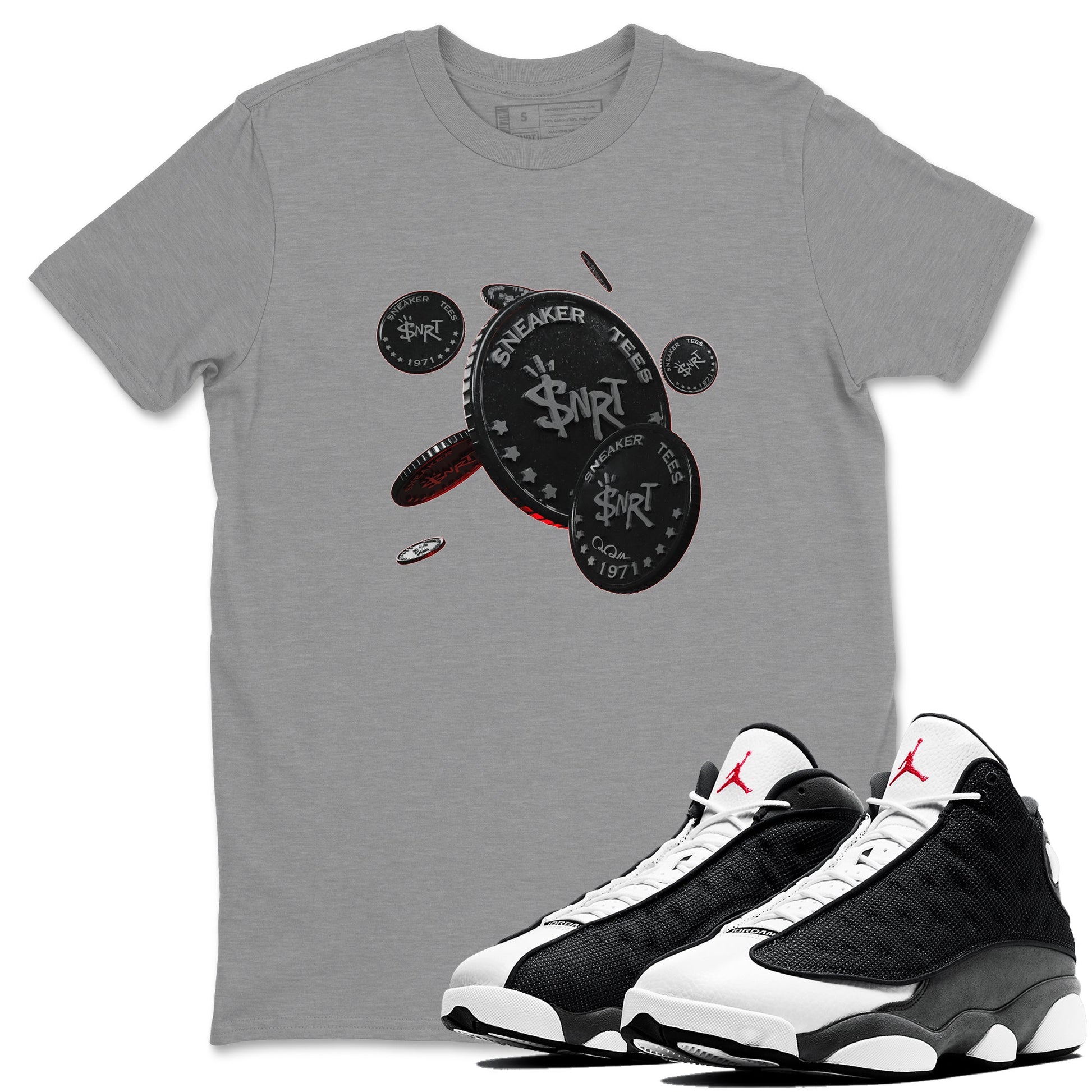Air Jordan 13 Black Flint Sneaker Match Tees Coin Drop Sneaker Tees AJ13 Retro Black Flint Sneaker Release Tees Unisex Shirts Heather Grey 1