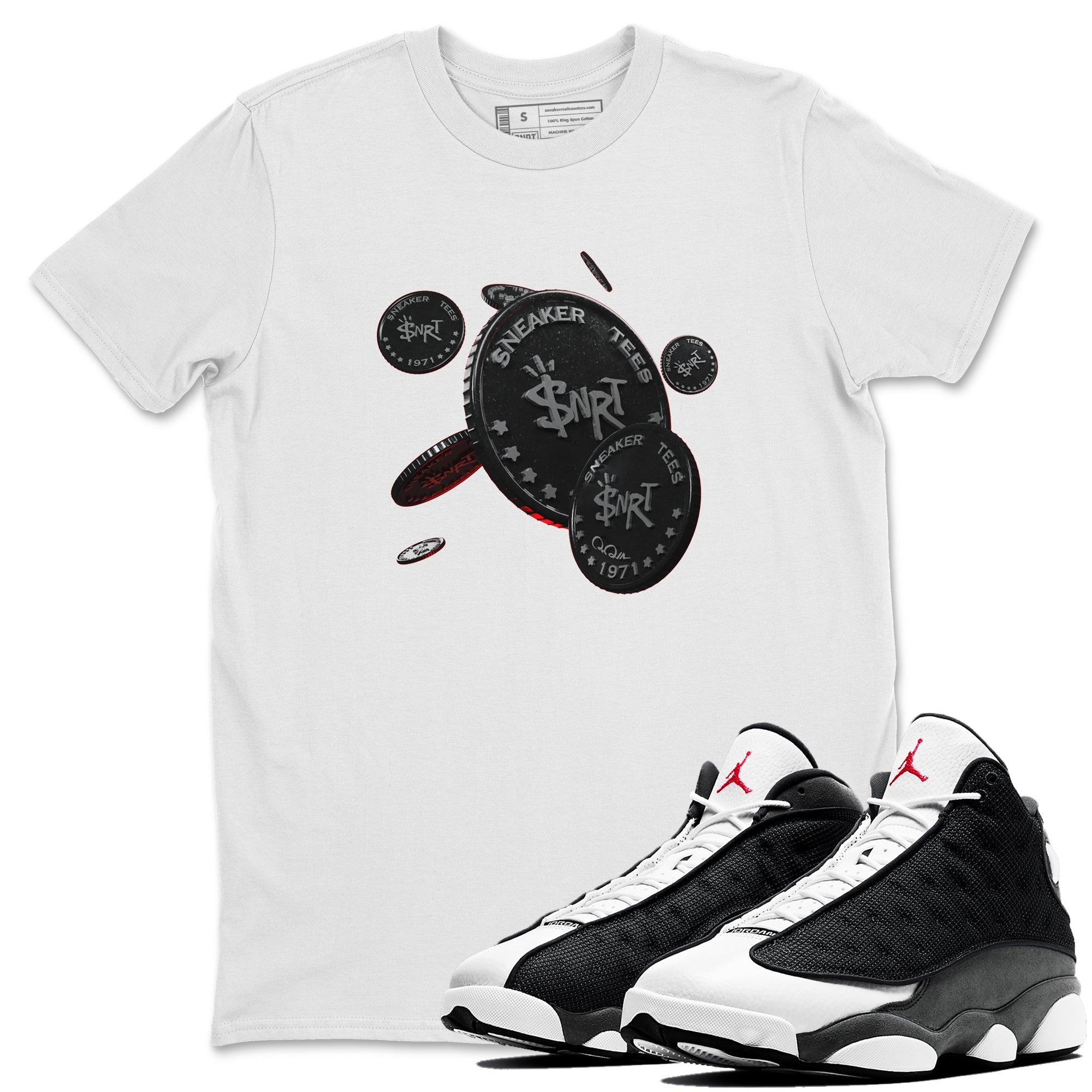 Air Jordan 13 Black Flint Sneaker Match Tees Coin Drop Sneaker Tees AJ13 Retro Black Flint Sneaker Release Tees Unisex Shirts White 1