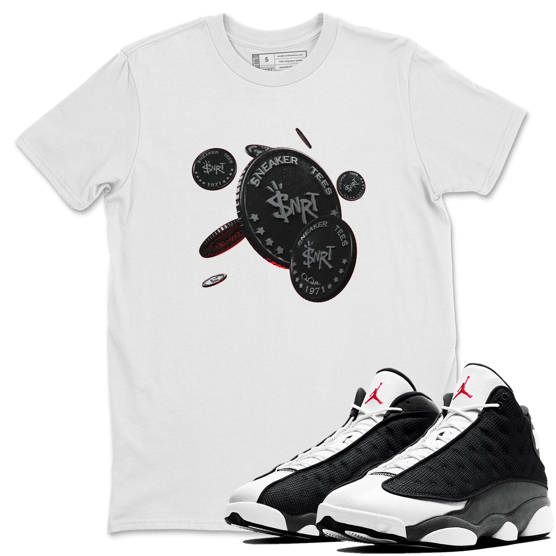 Air Jordan 13 Black Flint Sneaker Match Tees Coin Drop Sneaker Tees AJ13 Retro Black Flint Sneaker Release Tees Unisex Shirts White 1