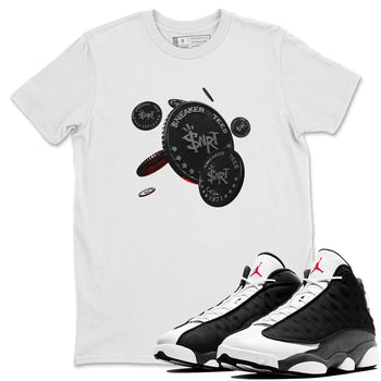 Air Jordan 13 Black Flint Sneaker Match Tees Coin Drop Sneaker Tees AJ13 Retro Black Flint Sneaker Release Tees Unisex Shirts White 1