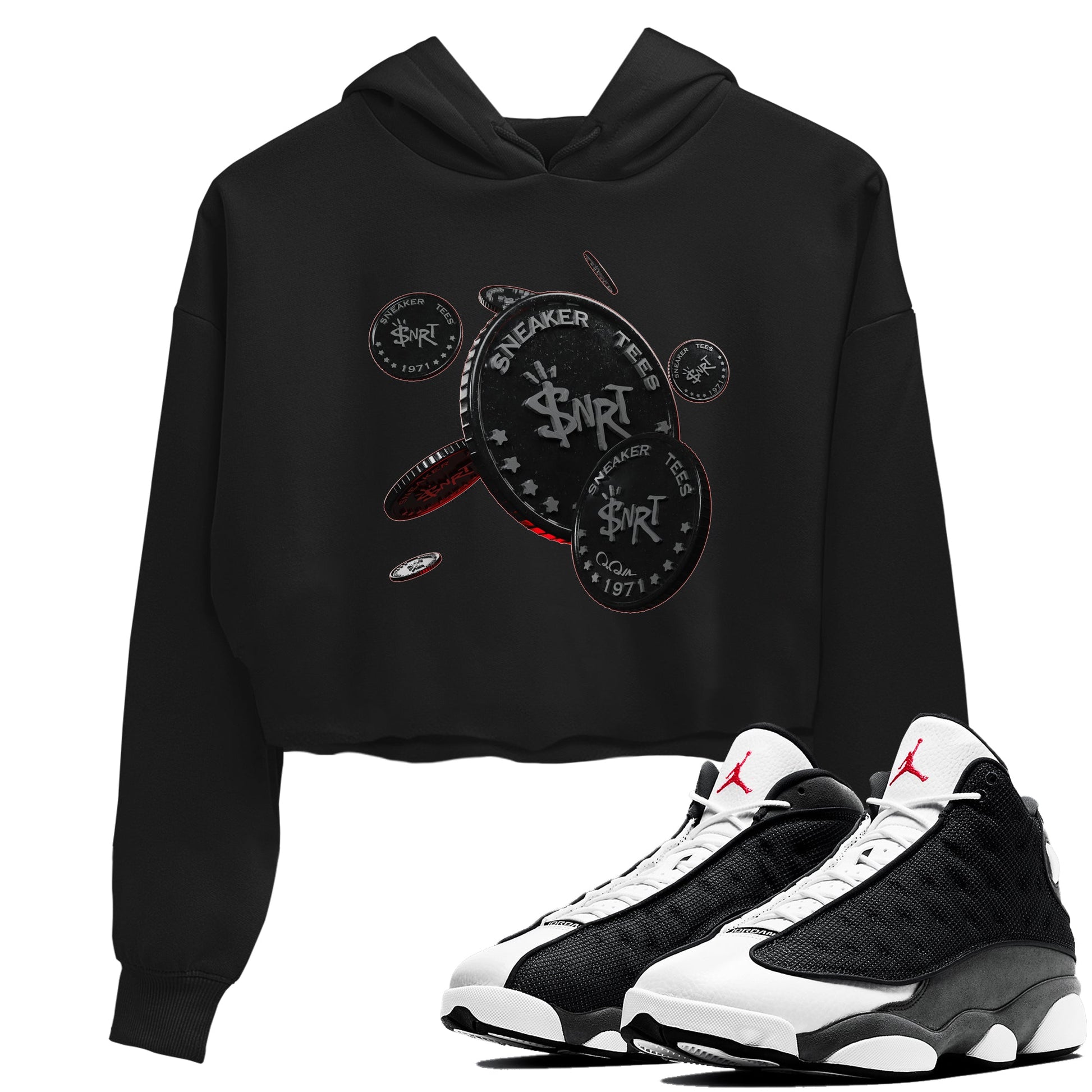 Air Jordan 13 Black Flint Sneaker Match Tees Coin Drop Sneaker Tees AJ13 Retro Black Flint Sneaker Release Tees Women's Shirts Black 1