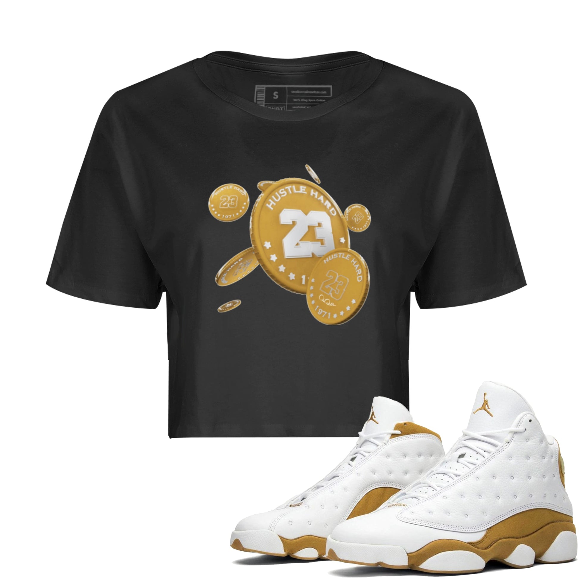 Air Jordan 13 Wheat Sneaker Match Tees Coin Drop Sneaker Tees AJ13 Wheat Sneaker Release Tees Women's Shirts Black 1