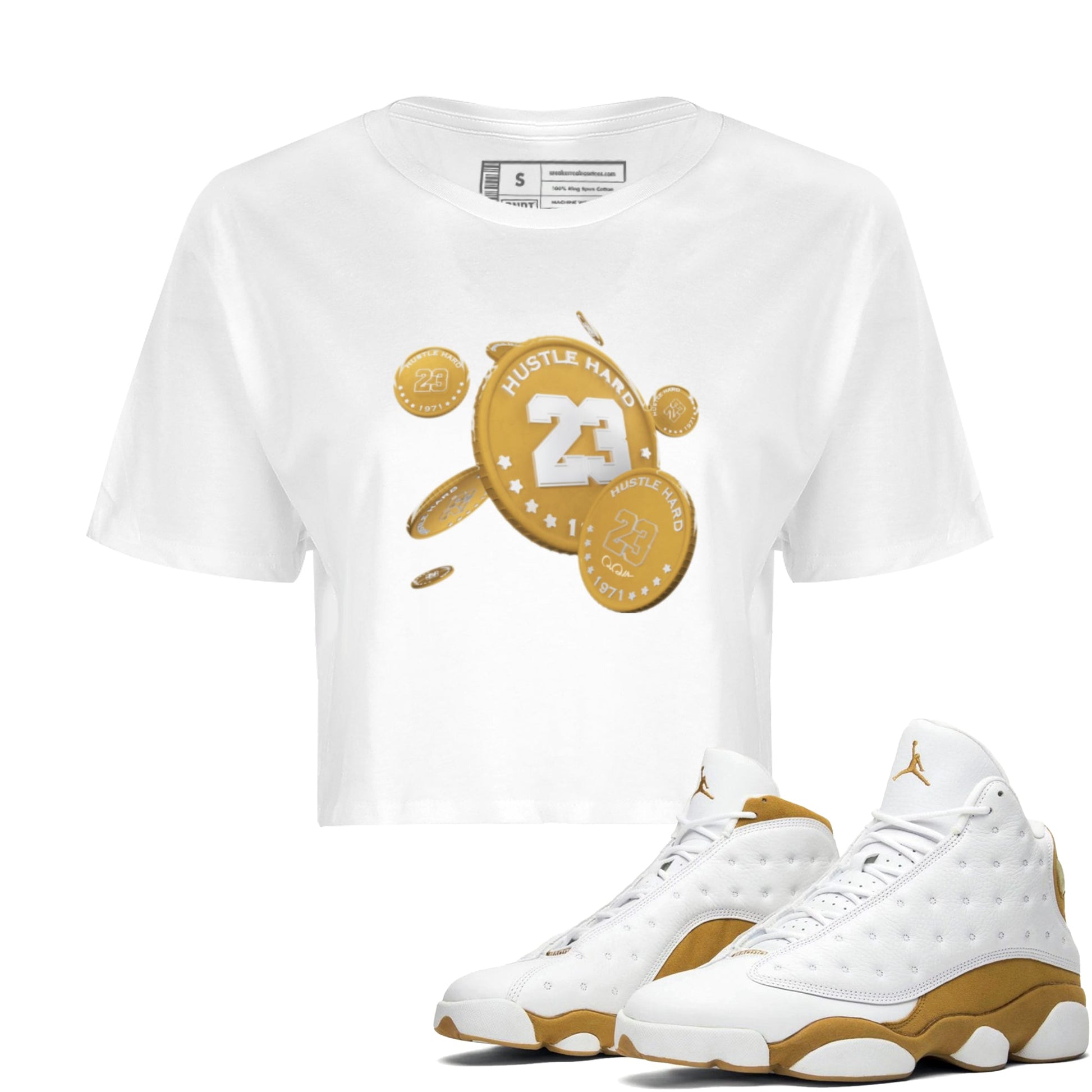 Air Jordan 13 Wheat Sneaker Match Tees Coin Drop Sneaker Tees AJ13 Wheat Sneaker Release Tees Women's Shirts White 1