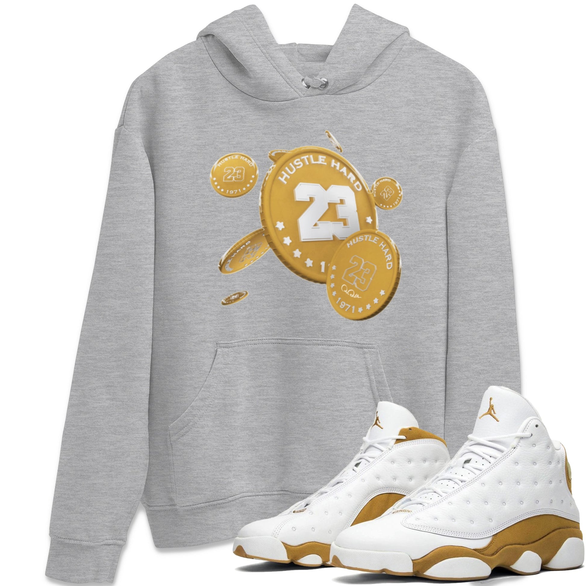 Air Jordan 13 Wheat Sneaker Match Tees Coin Drop Sneaker Tees AJ13 Wheat Sneaker Release Tees Unisex Shirts Heather Grey 1