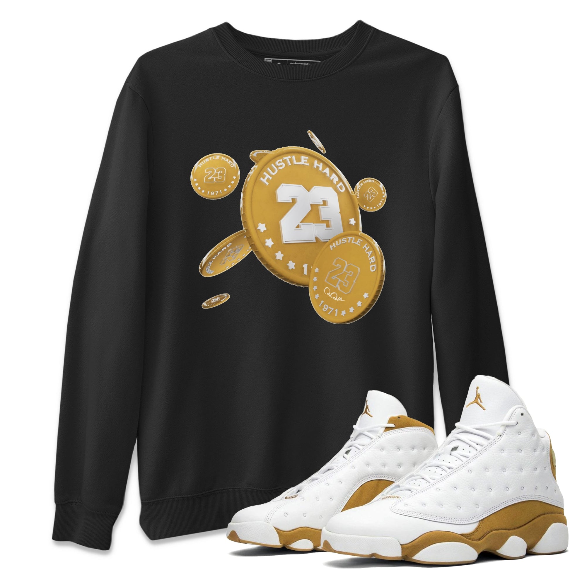 Air Jordan 13 Wheat Sneaker Match Tees Coin Drop Sneaker Tees AJ13 Wheat Sneaker Release Tees Unisex Shirts Black 1