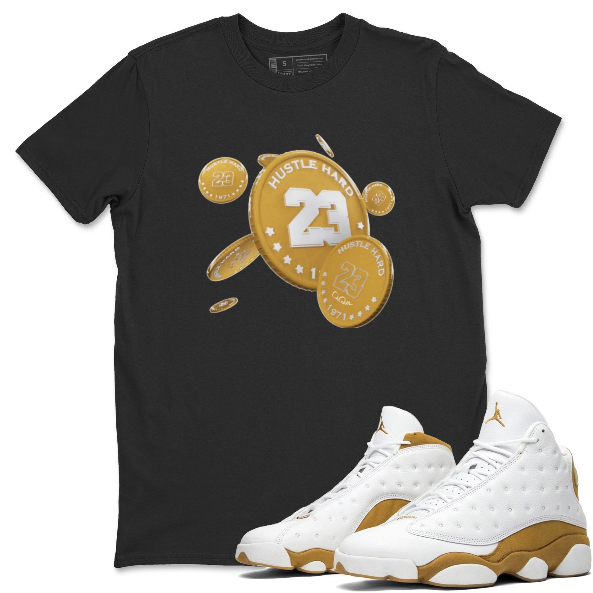 Air Jordan 13 Wheat Sneaker Match Tees Coin Drop Sneaker Tees AJ13 Wheat Sneaker Release Tees Unisex Shirts Black 1