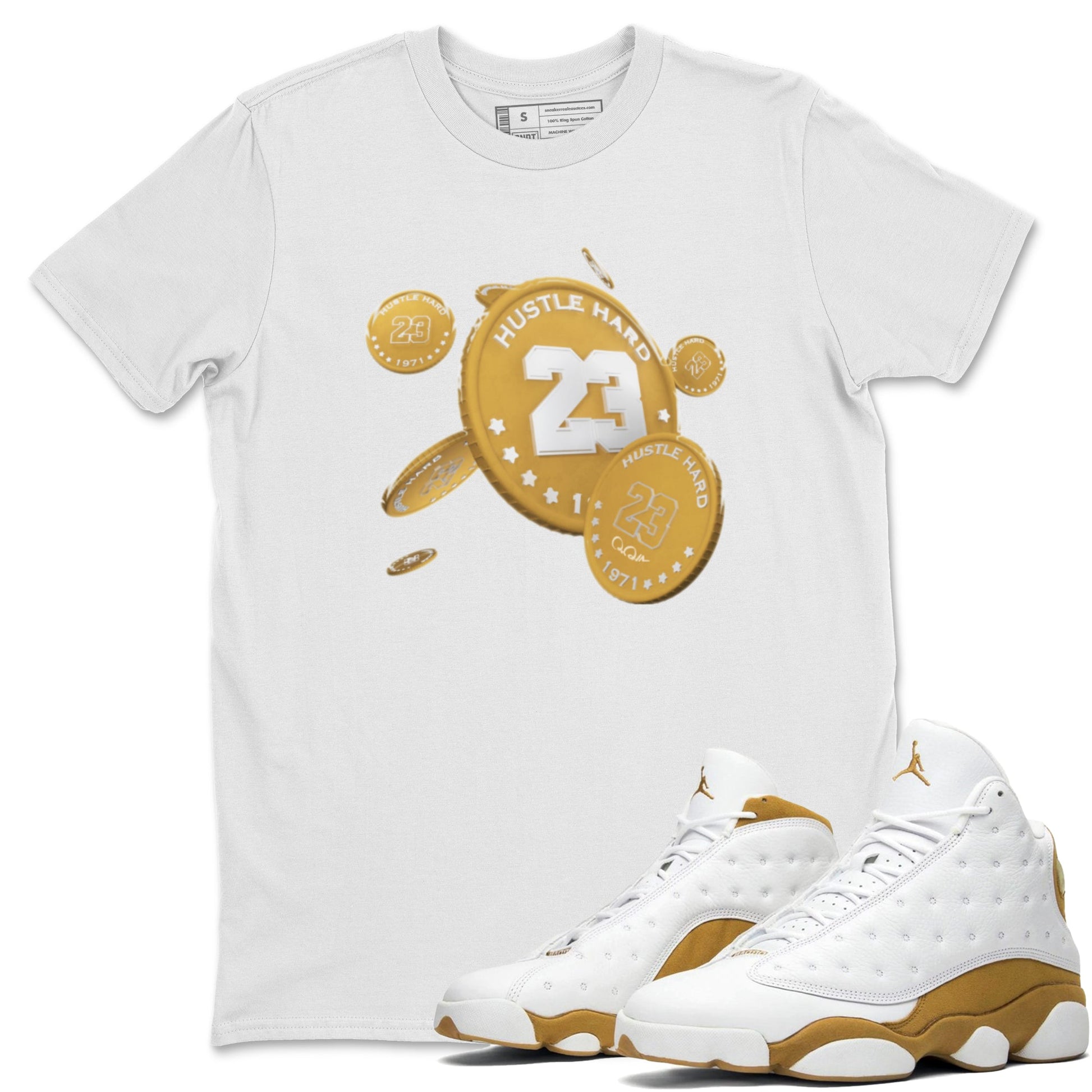 Air Jordan 13 Wheat Sneaker Match Tees Coin Drop Sneaker Tees AJ13 Wheat Sneaker Release Tees Unisex Shirts White 1