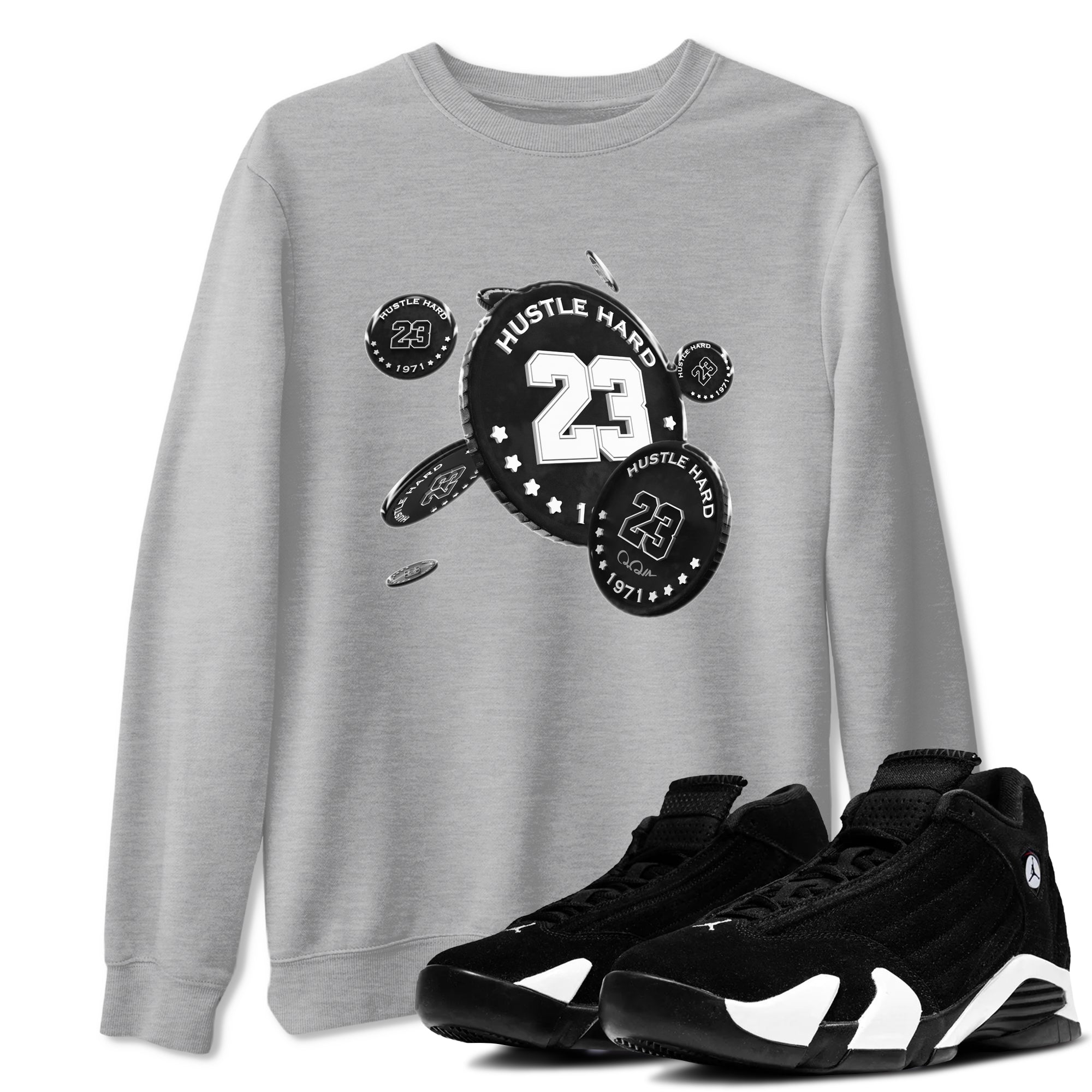 14s Panda shirt to match jordans Coin Drop sneaker tees Air Jordan 14 Panda SNRT Sneaker Release Tees Unisex Heather Grey 1 T-Shirt