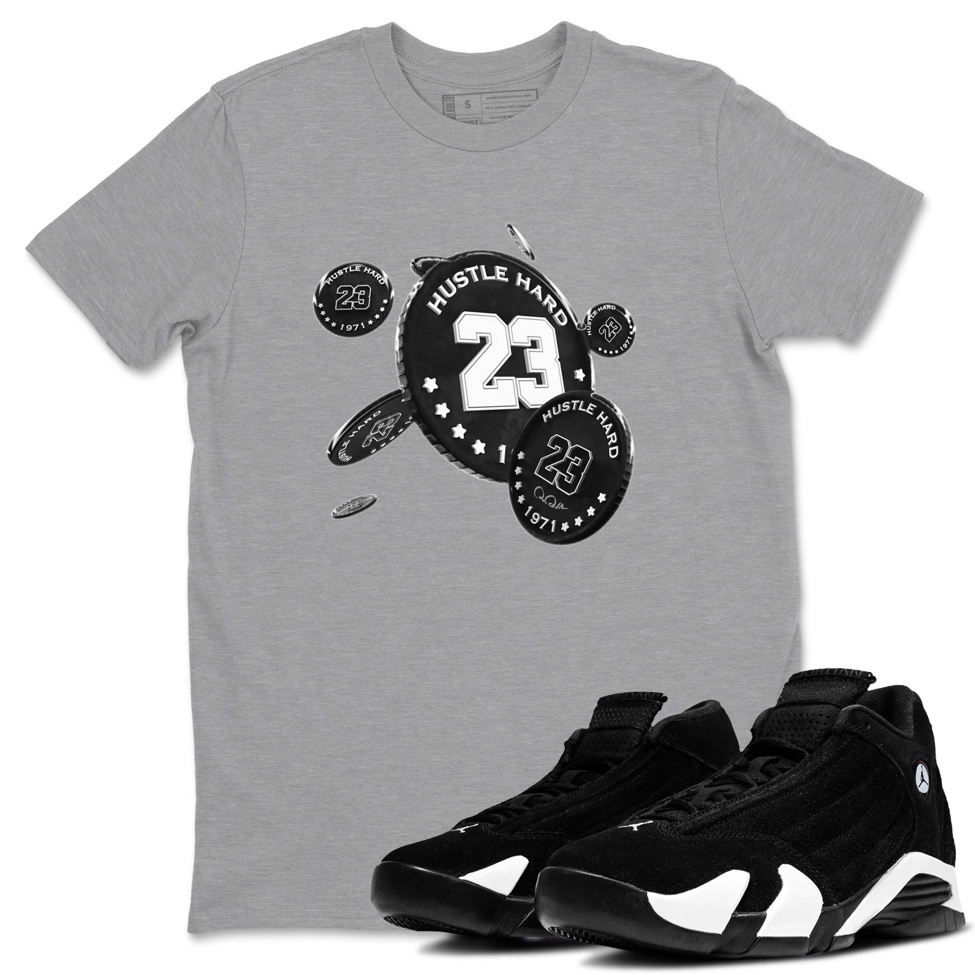 14s Panda shirt to match jordans Coin Drop sneaker tees Air Jordan 14 Panda SNRT Sneaker Release Tees Unisex Heather Grey 1 T-Shirt