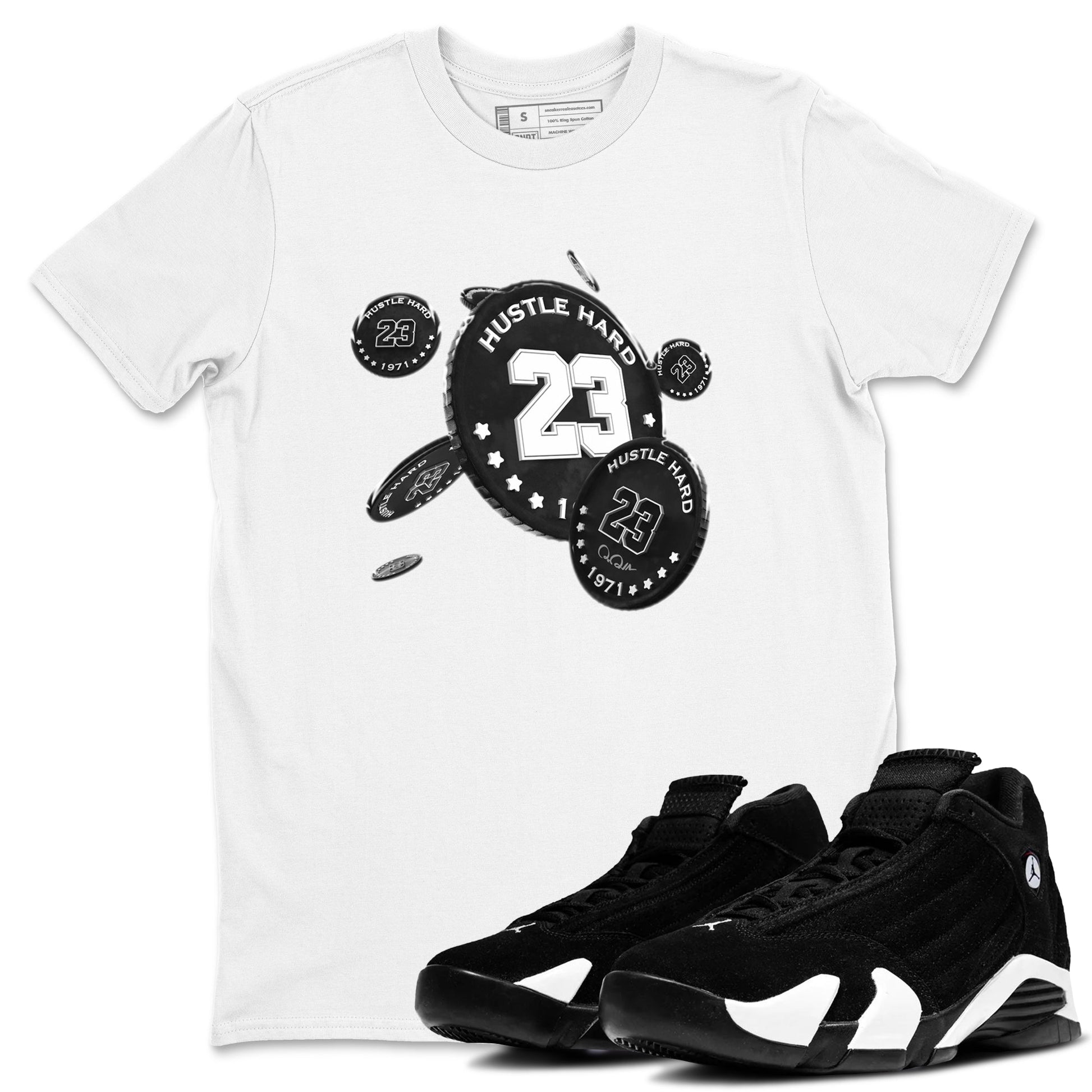 14s Panda shirt to match jordans Coin Drop sneaker tees Air Jordan 14 Panda SNRT Sneaker Release Tees Unisex White 1 T-Shirt
