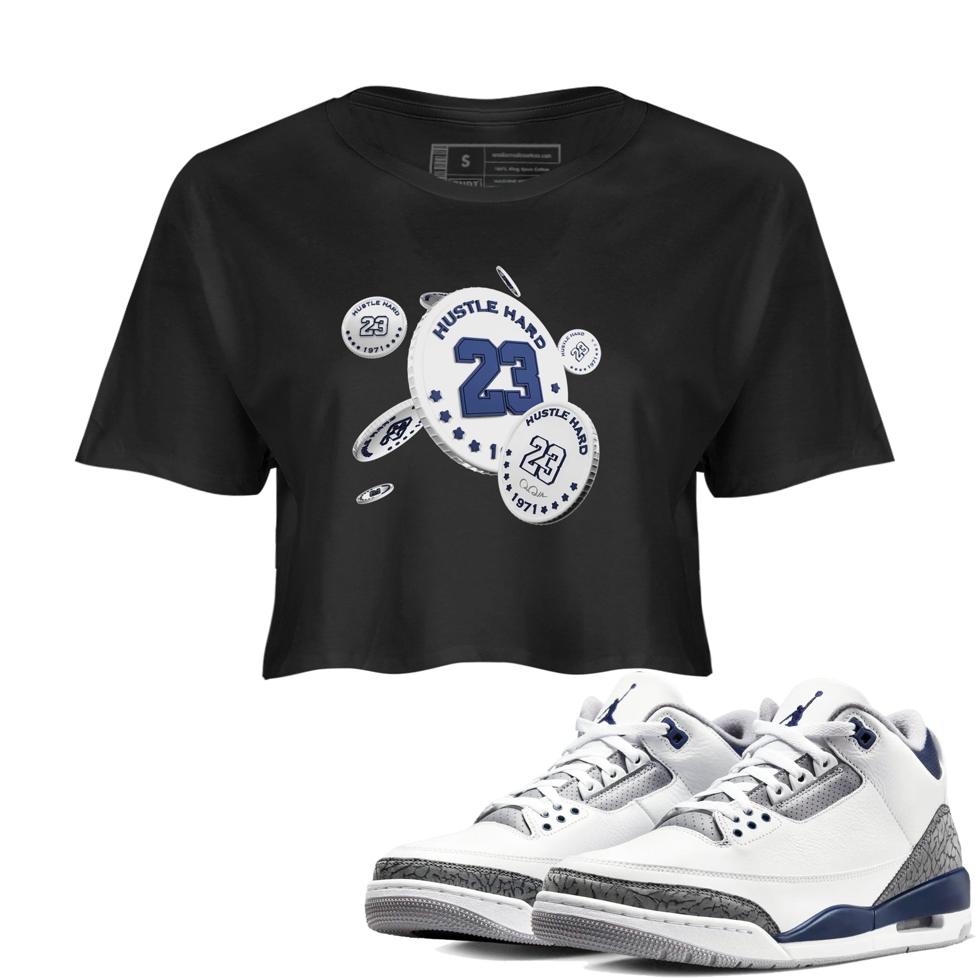 3s Midnight Navy shirt to match jordans Coin Drop sneaker tees AJ3 Midnight Navy SNRT Sneaker Release Tees Black 1 crop length shirt