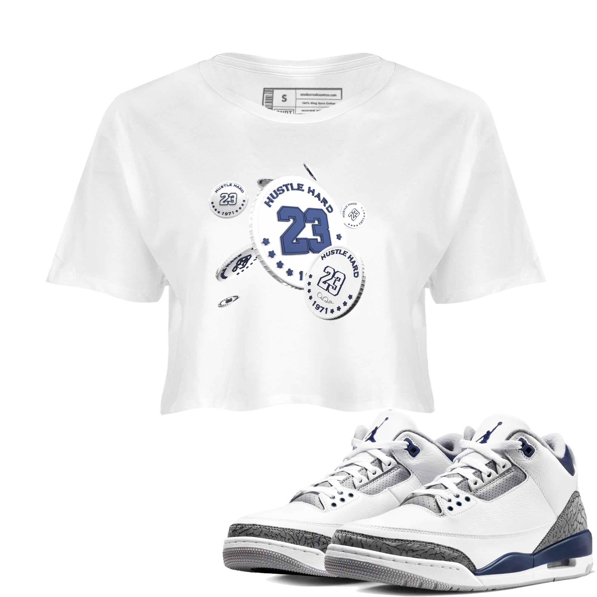 3s Midnight Navy shirt to match jordans Coin Drop sneaker tees AJ3 Midnight Navy SNRT Sneaker Release Tees White 1 crop length shirt