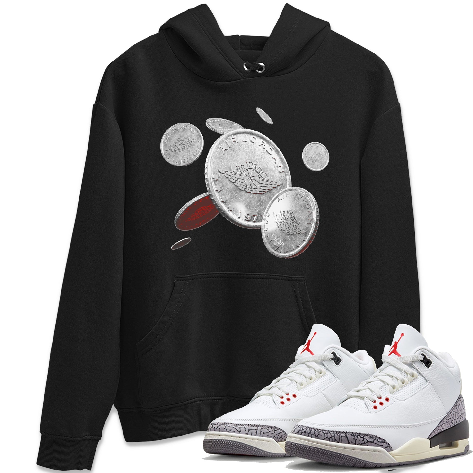 Air Jordan 3 White Cement Sneaker Match Tees Coin Drop Sneaker Tees AJ3 White Cement Sneaker Release Tees Unisex Shirts Black 1