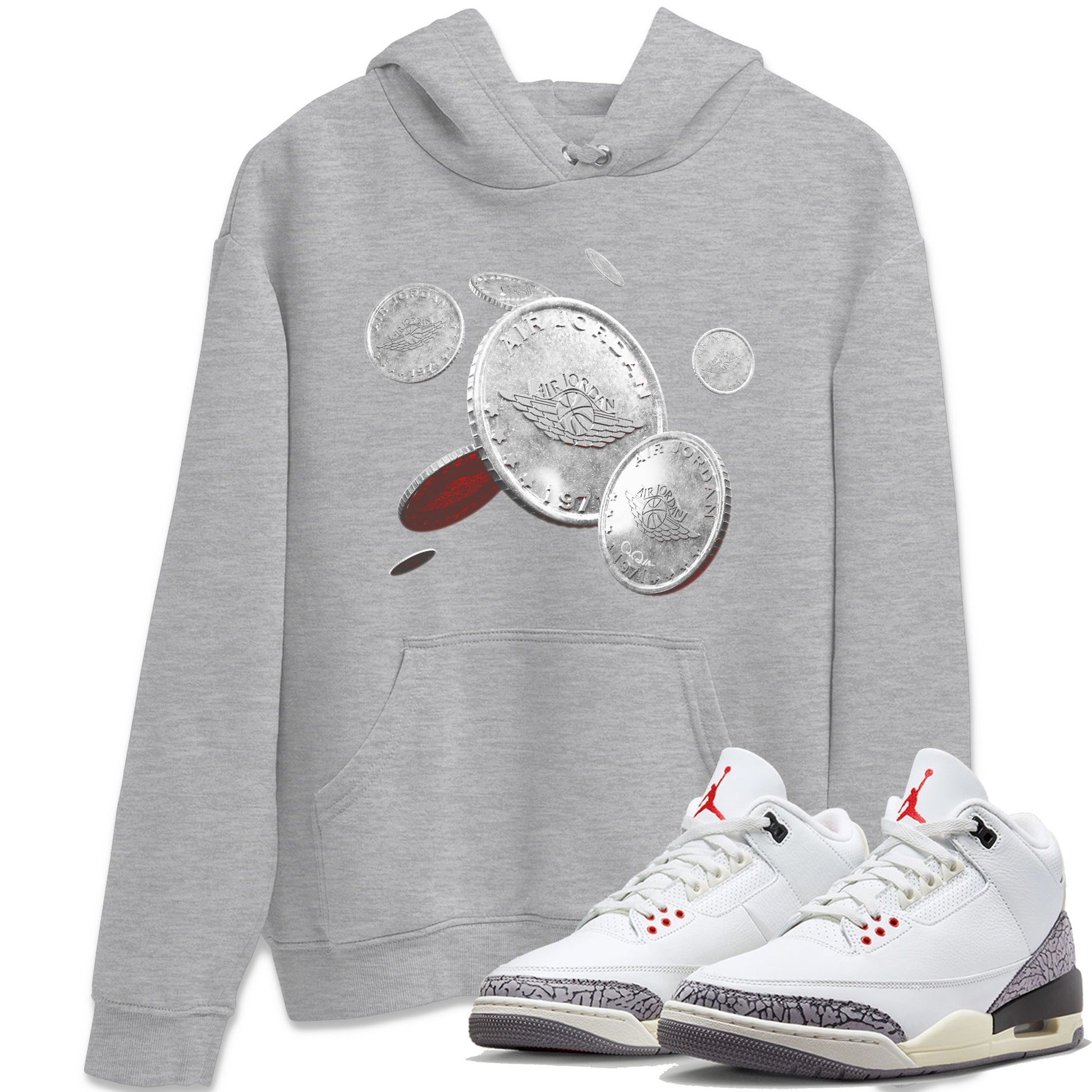Air Jordan 3 White Cement Sneaker Match Tees Coin Drop Sneaker Tees AJ3 White Cement Sneaker Release Tees Unisex Shirts Heather Grey 1