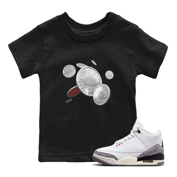 Air Jordan 3 White Cement Sneaker Match Tees Coin Drop Sneaker Tees AJ3 White Cement Sneaker Release Tees Kids Shirts Black 1