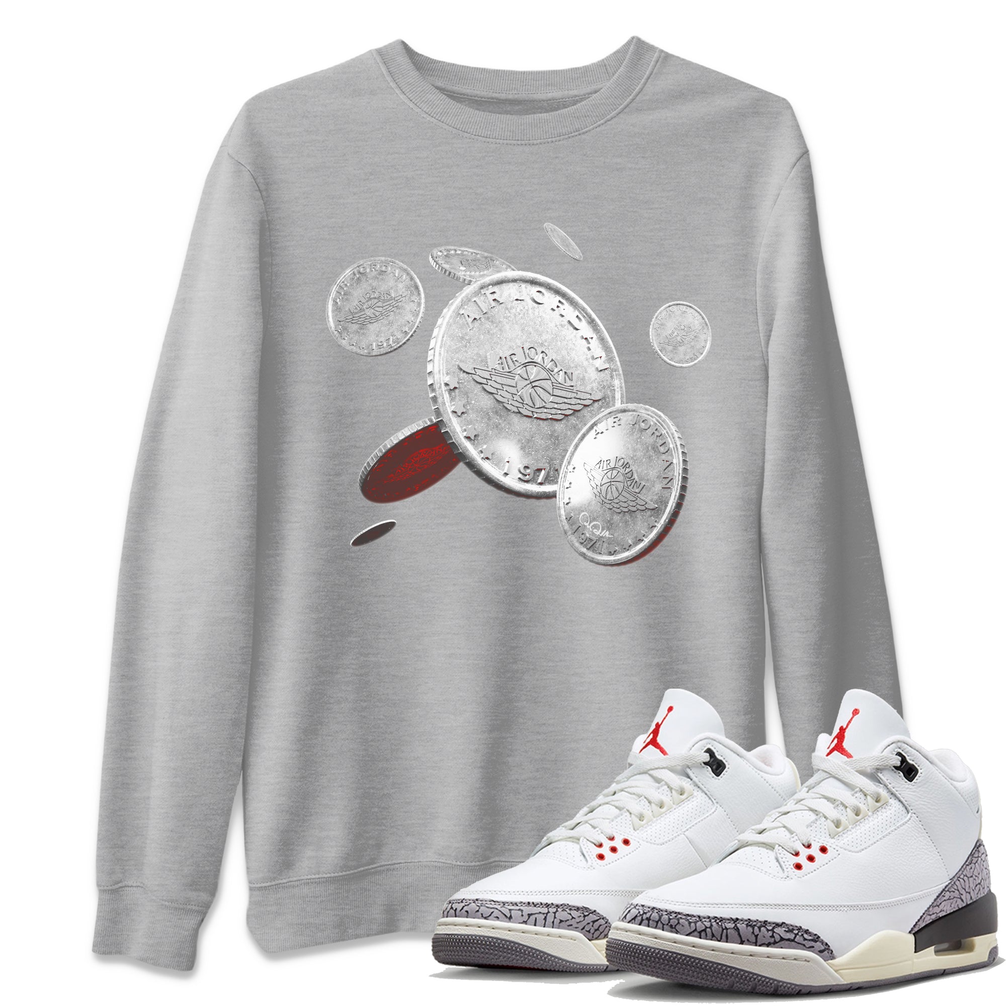 Air Jordan 3 White Cement Sneaker Match Tees Coin Drop Sneaker Tees AJ3 White Cement Sneaker Release Tees Unisex Shirts Heather Grey 1