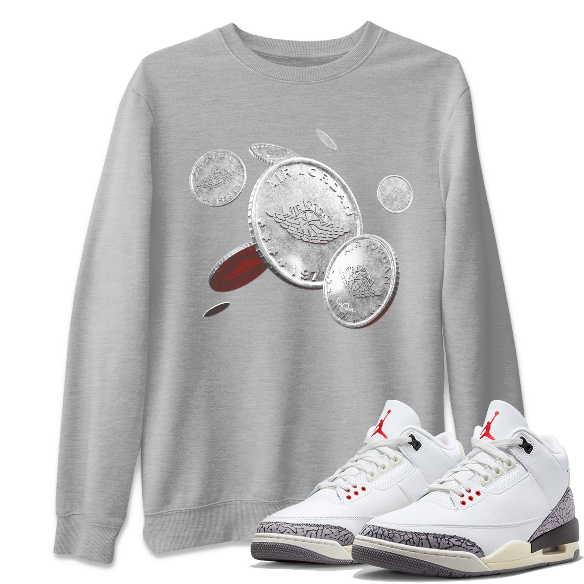 Air Jordan 3 White Cement Sneaker Match Tees Coin Drop Sneaker Tees AJ3 White Cement Sneaker Release Tees Unisex Shirts Heather Grey 1