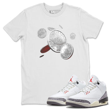 Air Jordan 3 White Cement Sneaker Match Tees Coin Drop Sneaker Tees AJ3 White Cement Sneaker Release Tees Unisex Shirts White 1