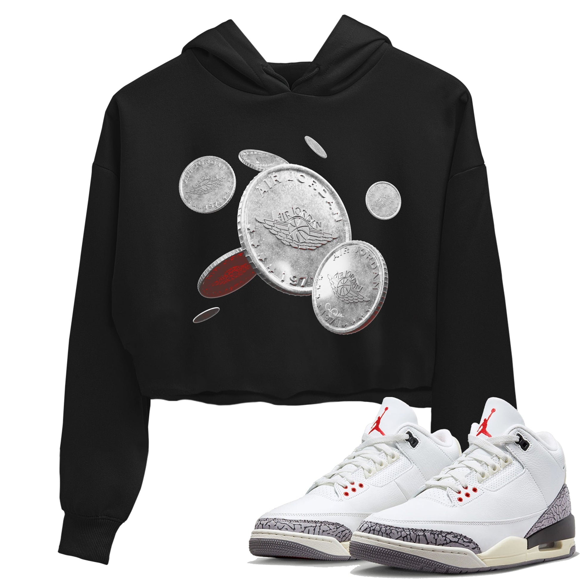 Air Jordan 3 White Cement Sneaker Match Tees Coin Drop Sneaker Tees AJ3 White Cement Sneaker Release Tees Women's Shirts Black 1